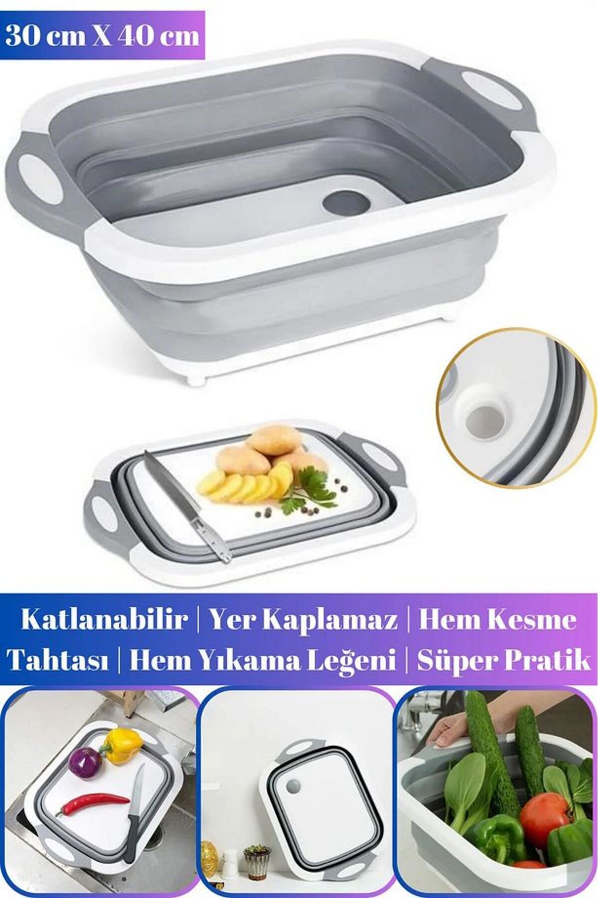 Vezir Aksesuar Katlanabilir Süzgeçli Badya & Kesme Tahtası – 3'ü 1 Arada Mutfak Konforu!