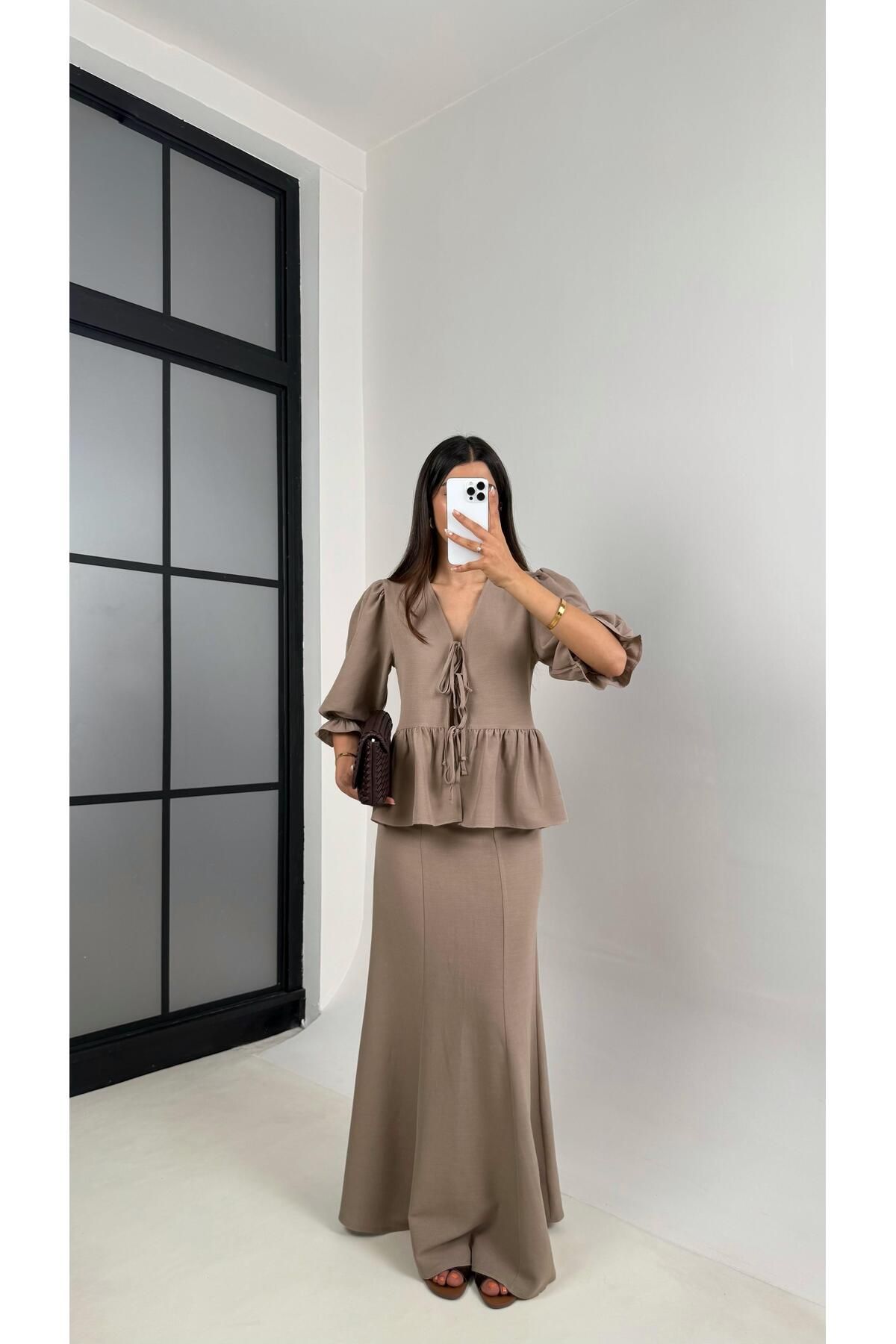 Gaus Vizon Önden Bağlama Detaylı Balon Kol Bluz Etek İkili Pinterest Keten Takım Gaus00570
