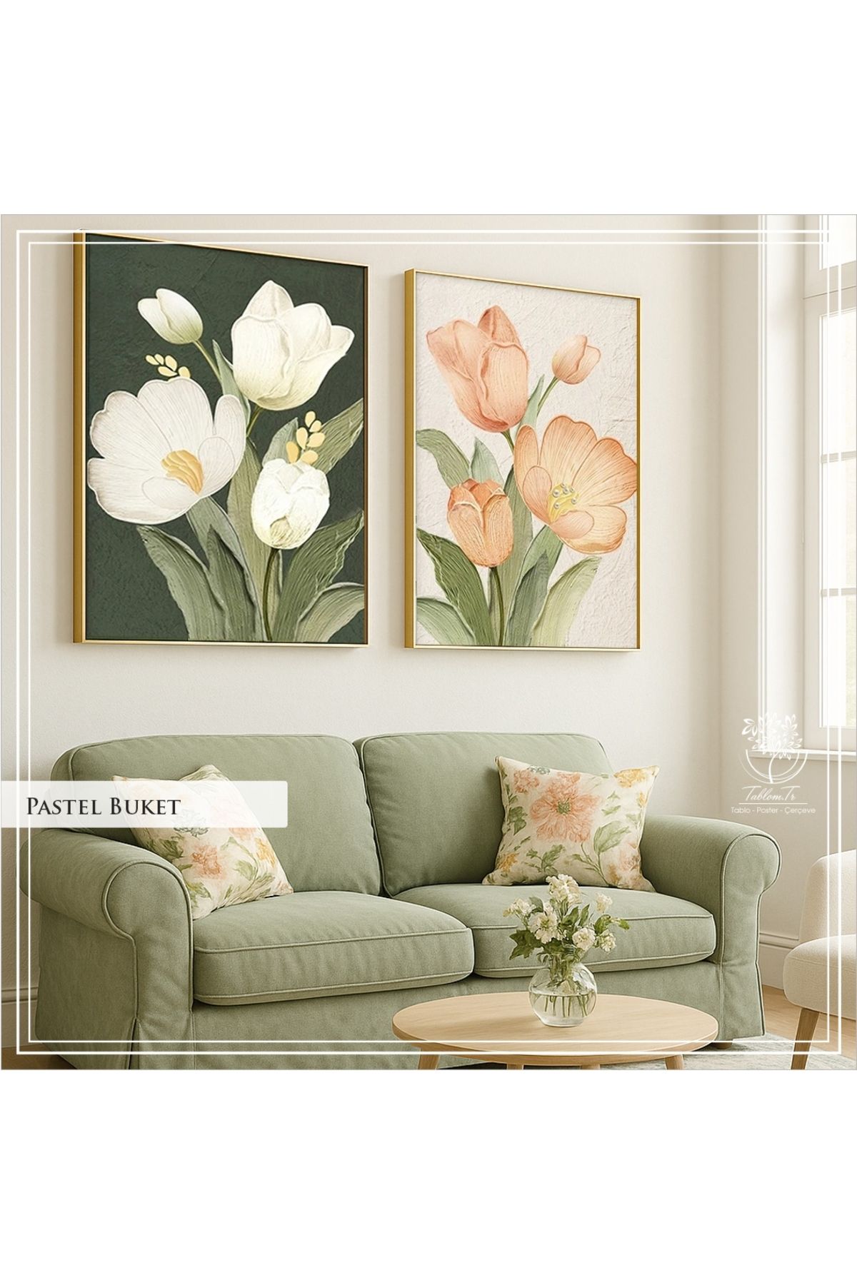 Tablomtr Dijital Baskılı Metal Çerçeveli Camlı 2'li Dekoratif Tablo - Pastel Buket Model B