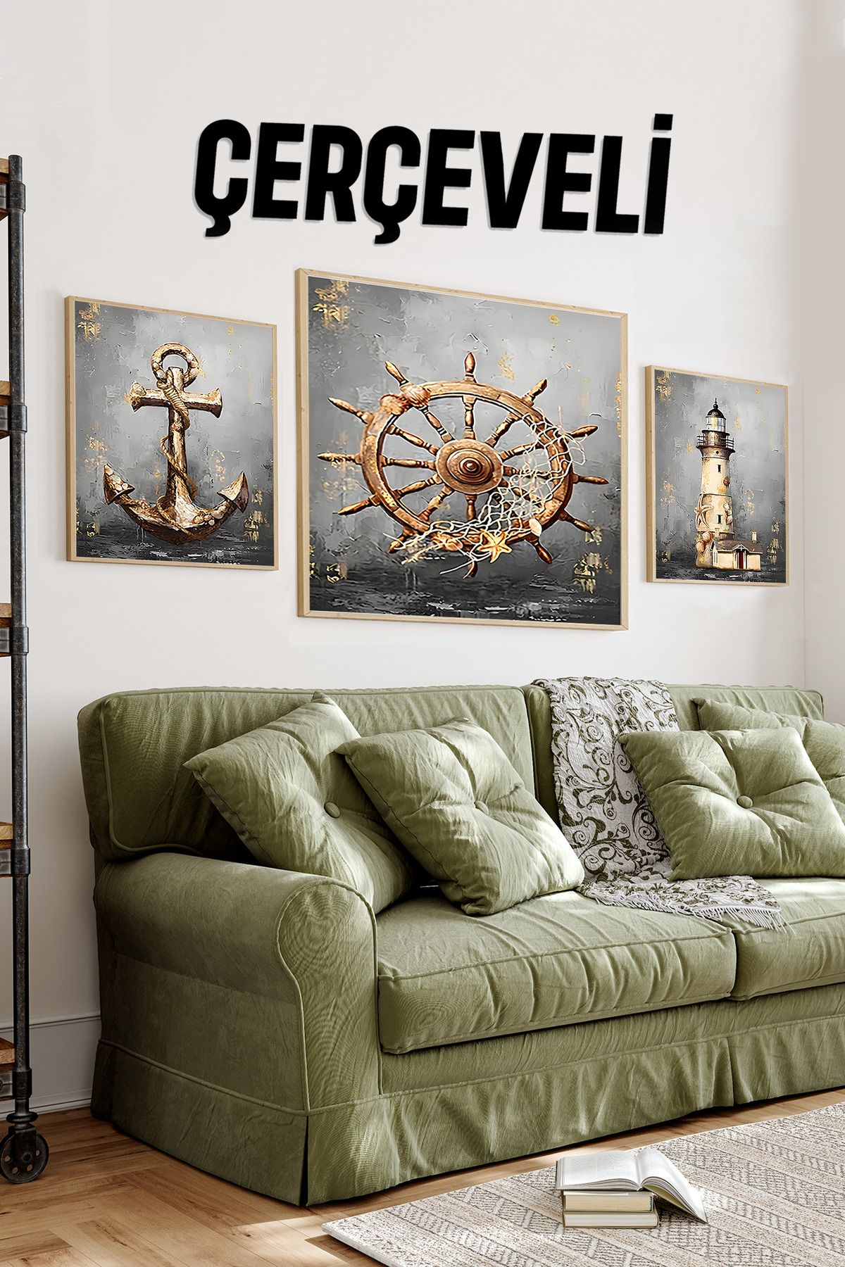 kutuTR ⚓️ Marin Tarz Çapa - Dümen - Deniz Feneri Temalı 3’lü MDF Tablo Seti (23x23 cm & 42x42 cm) 4242117