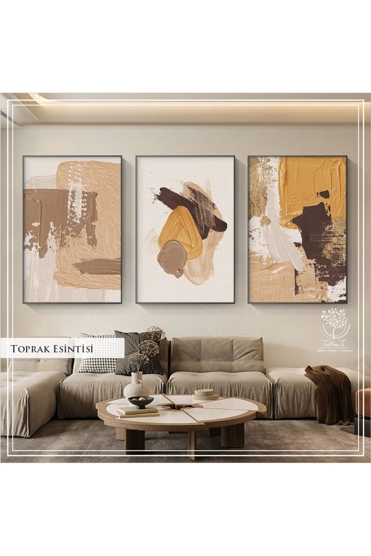 Tablomtr Dijital Baskılı Metal Çerçeveli Camlı 3'lü Dekoratif Tablo - Toprak Esintisi