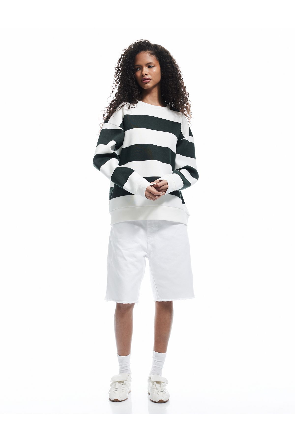 Koton Üç İplik Şardonlu Çizgili Bisiklet Yaka Sweatshirt