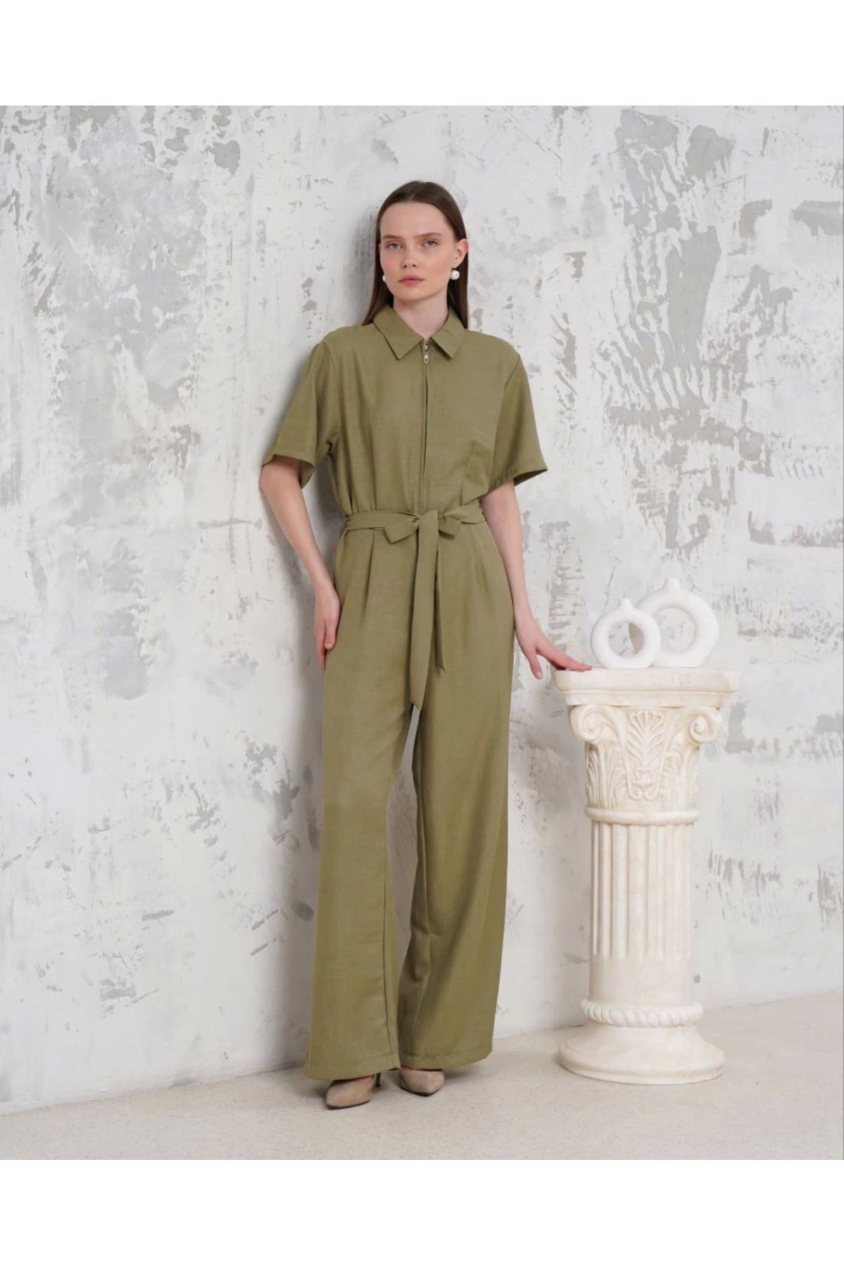ETİLER COLLECTION Kuşaklı gömlek yaka salaş tulum haki s255822
