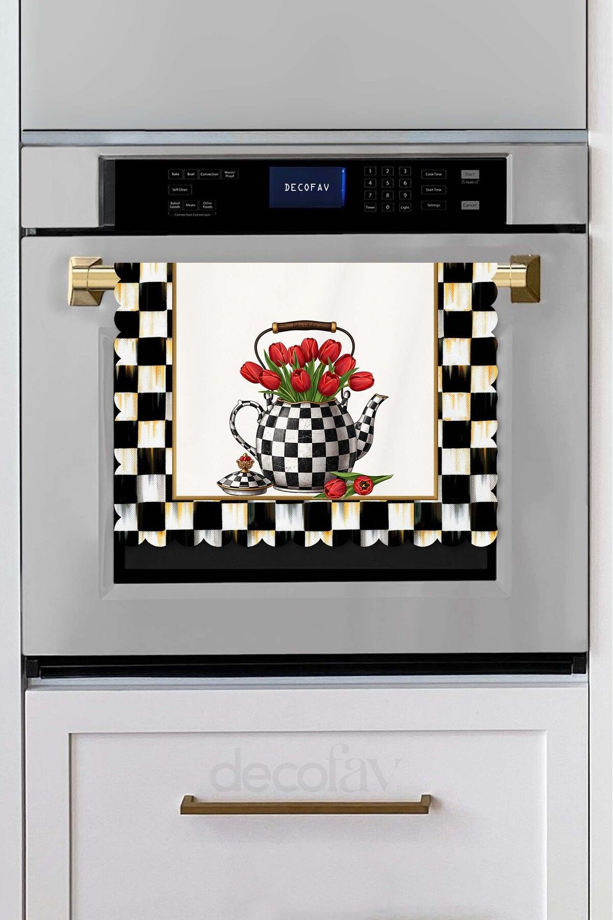decofav Dama Desenli Lale Çaydanlık Temalı Dijital Baskılı Lazer Kesim Dikişsiz Fırın Örtüsü - 40x52cm