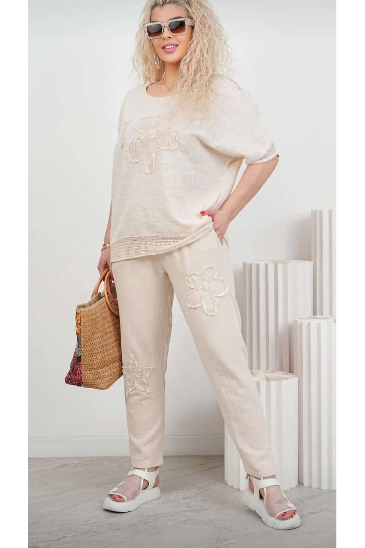 İTALYAN Pamuk takım beli lastikli pantolon oversize bluz