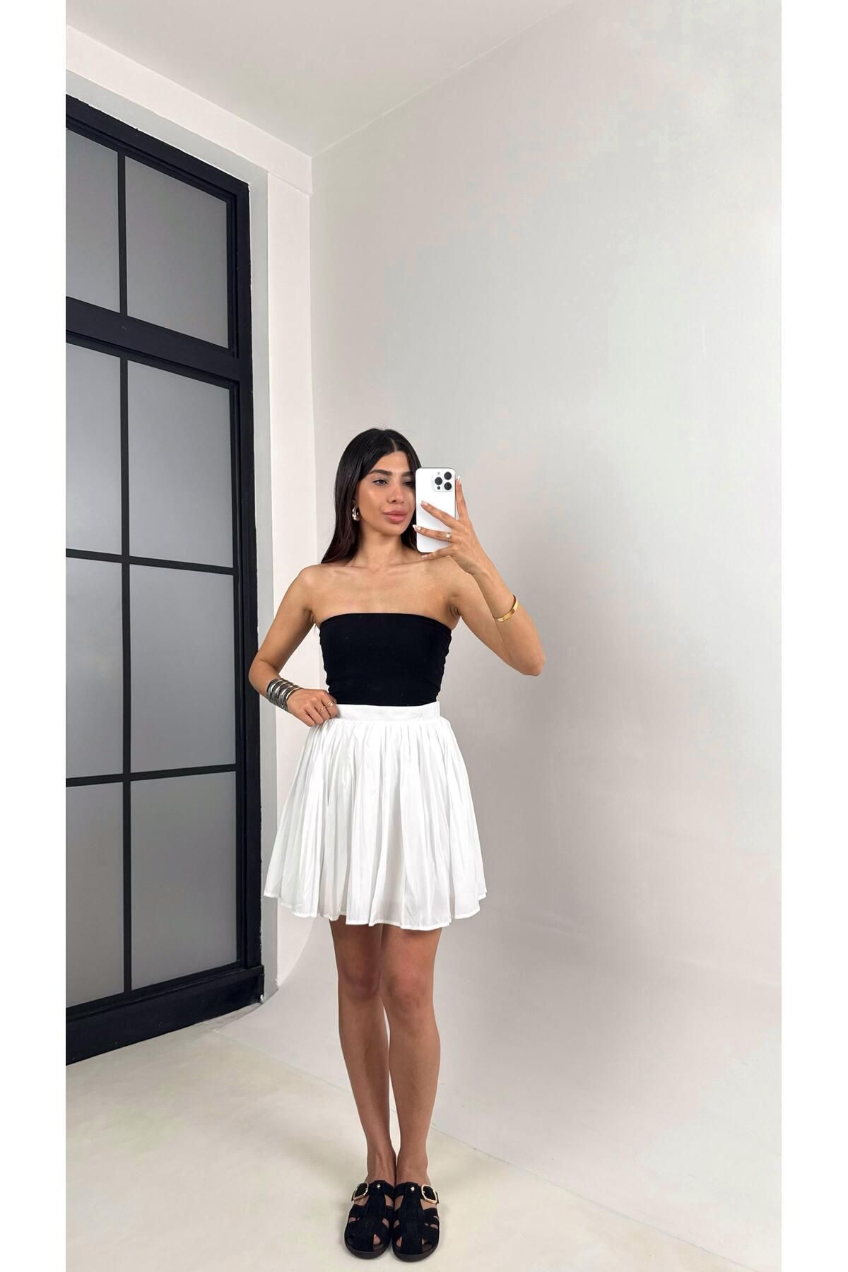 Gaus Beyaz Pileli Astarlı Etek Gaus00573