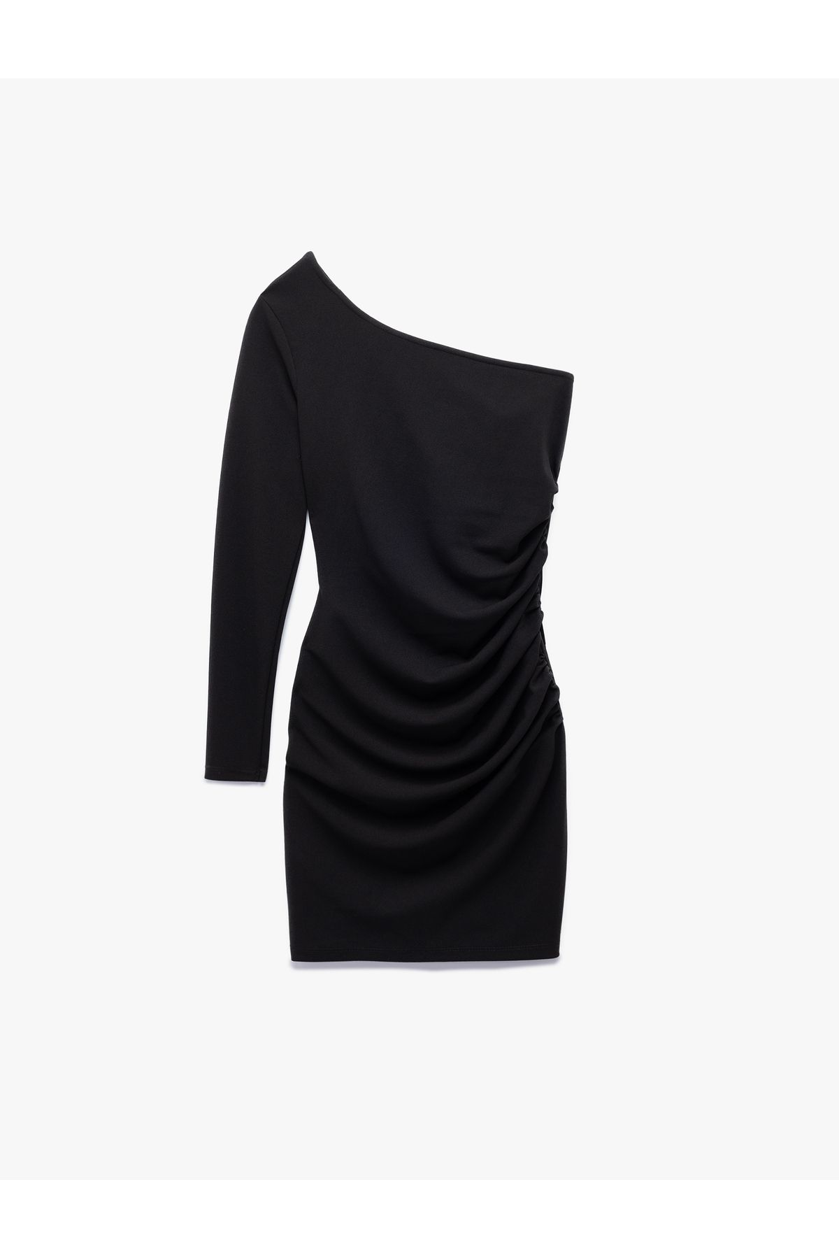 Koton Krep Scuba Kumaş Drape Detaylı Uzun Kollu Tek Omuz Mini Elbise