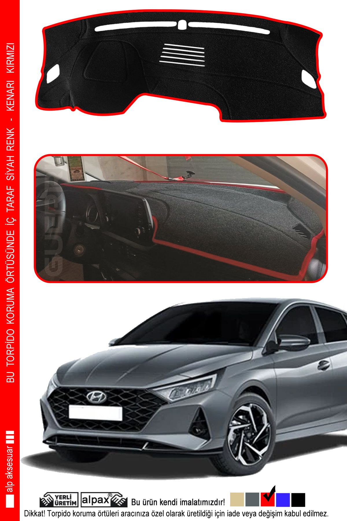 Goking Hyundai i20 2020+ Araca Özel Üretim Torpido Koruma Şık Görünüm – Kenarı Kırmızı