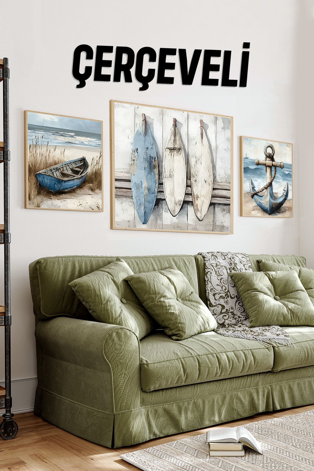kutuTR 🛶 Kayık - Sörf Tahtaları - Çapa Temalı 3’lü MDF Ahşap Tablo Seti (23x23 cm & 42x42 cm) 4242119