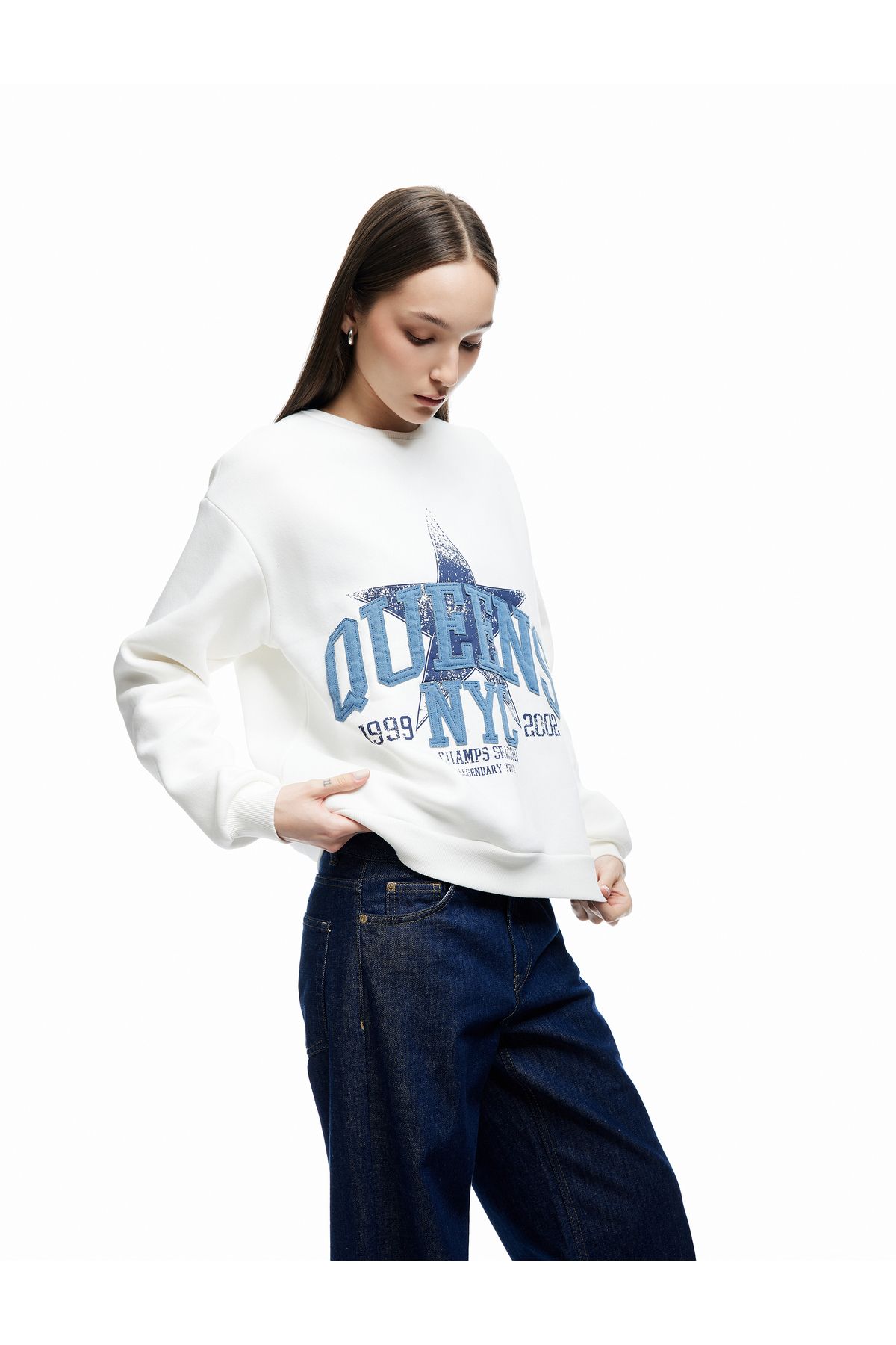 Koton Uzun Kollu Bisiklet Yaka Üç İplik Şardonlu Baskılı Oversize Sweatshirt