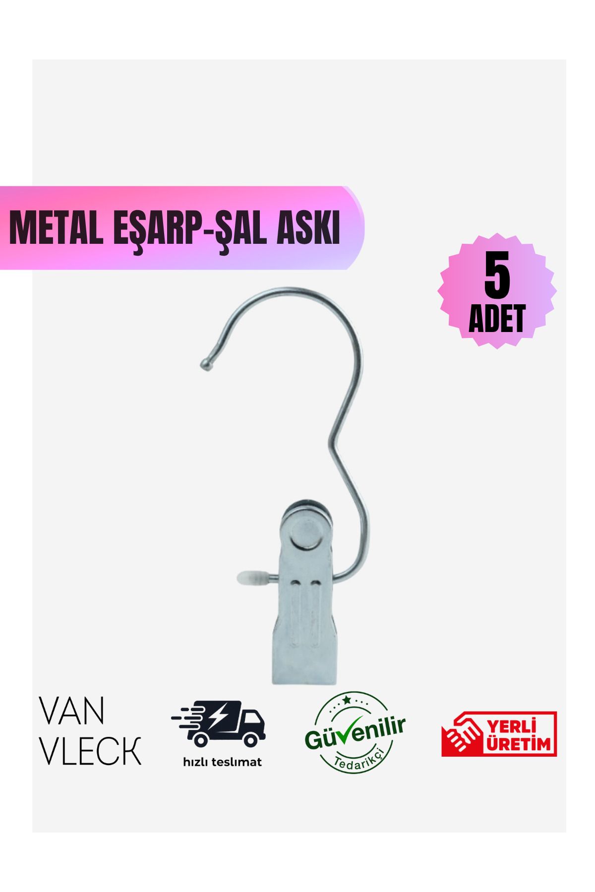 VAN VLECK 5’li Metal Tek Mandallı Askı – Eşarp, Şal, Kravat ve Havlu Askısı, Pratik Dolap Düzenleyici