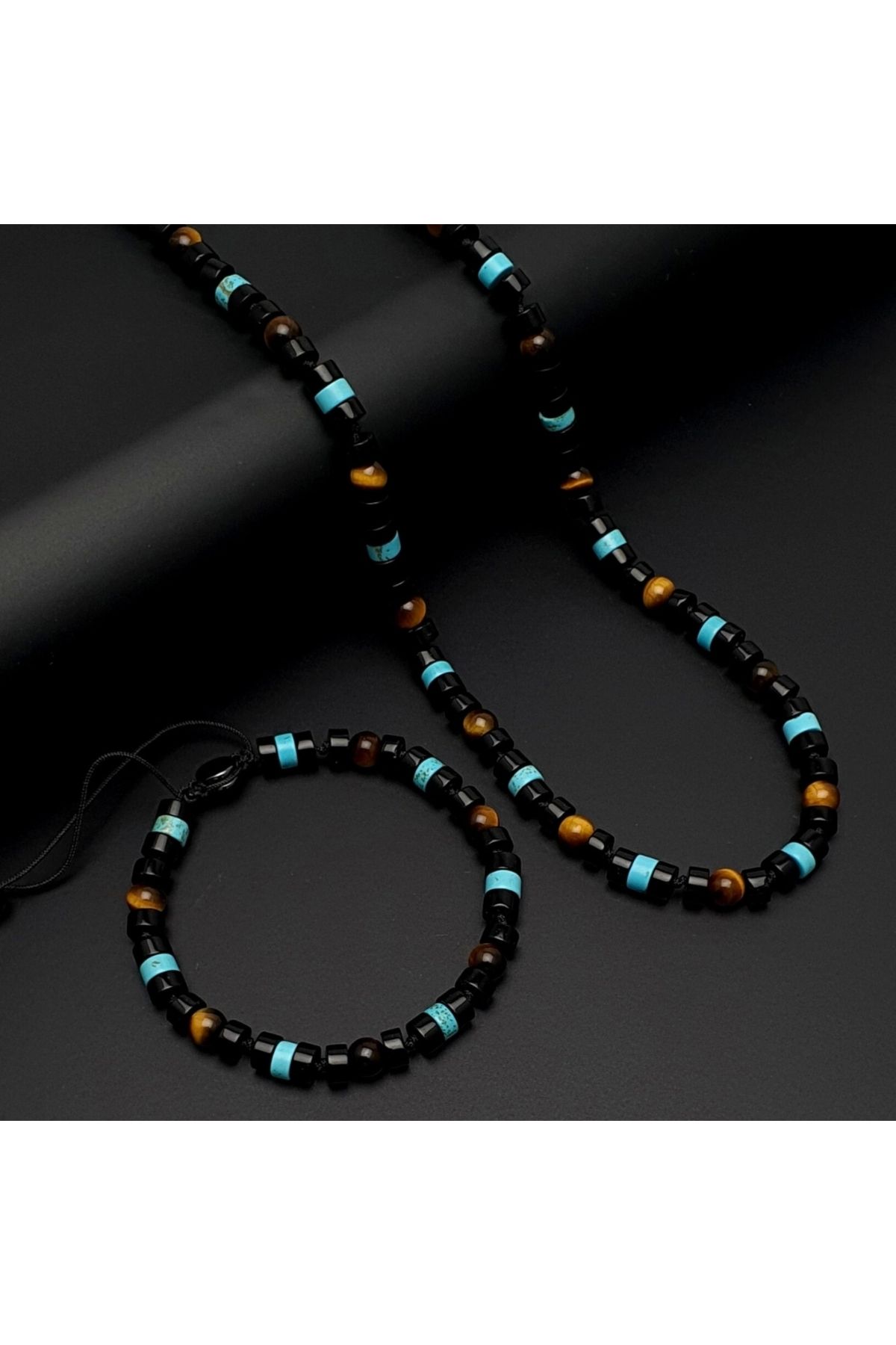 Seven Art Jewelry Doğaş Taş Set, Turkuaz, Akik ve Kaplan Gözü Kolye & Bileklik Set