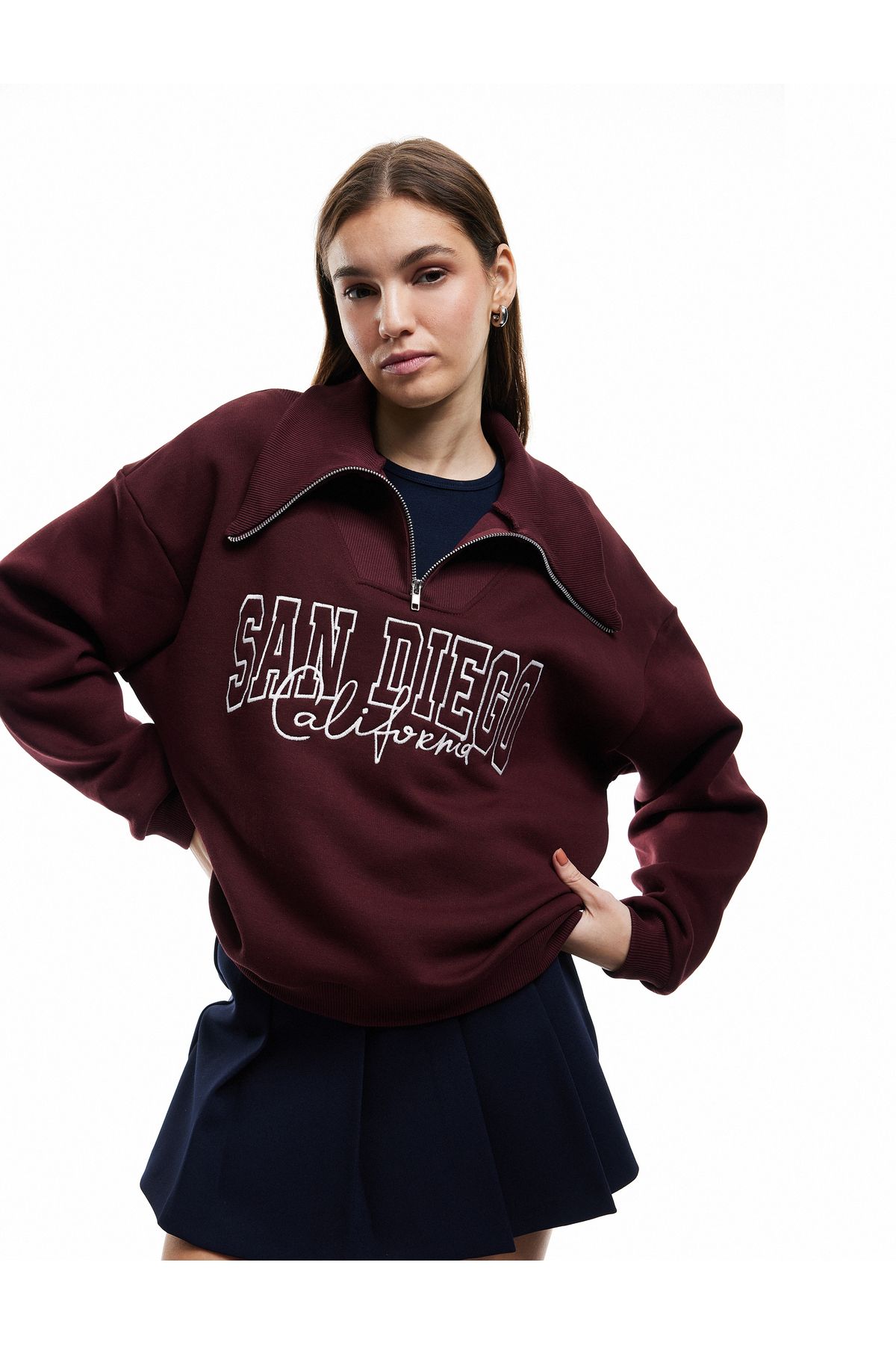 Koton Şardonlu Uzun Kollu Baskılı Yarım Fermuarlı Oversize Sweatshirt