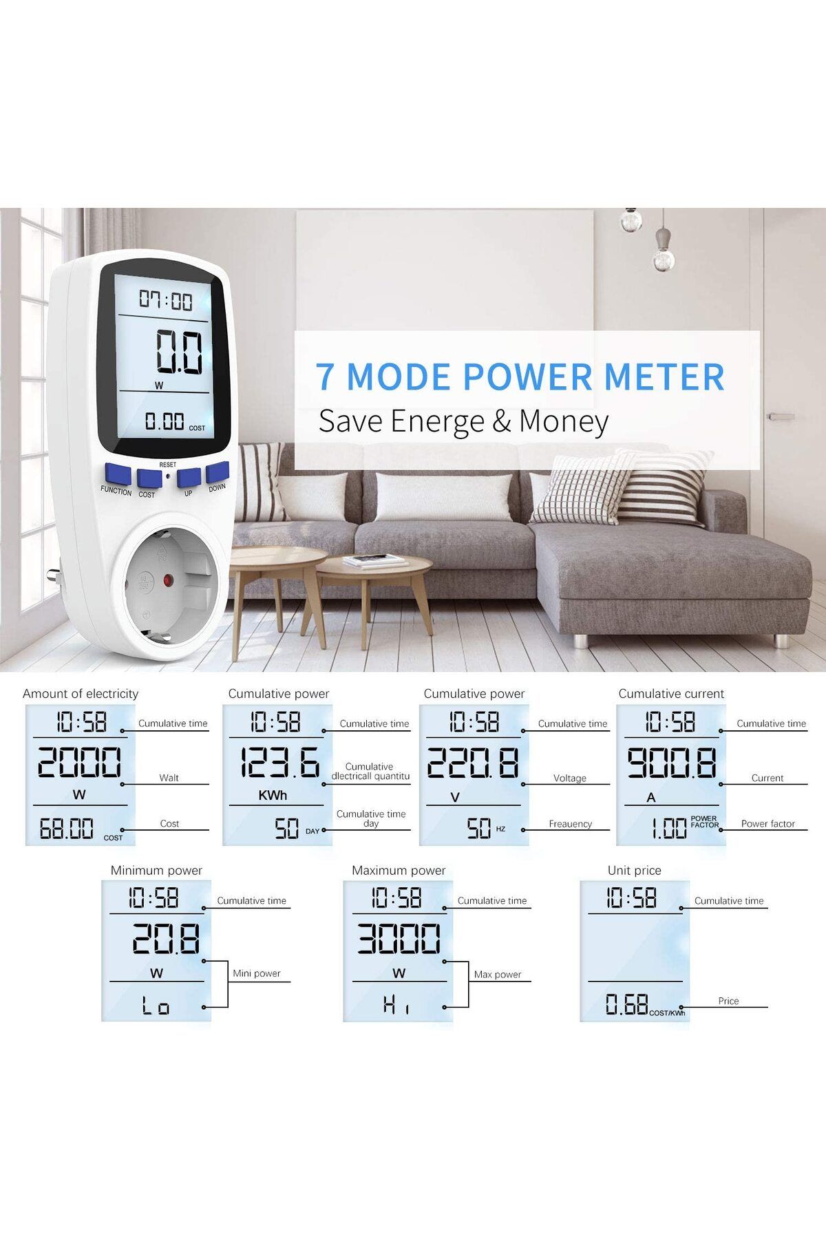 ideal STORE-Socket with digital wattmeter, MzoLife, LCD display, 230-250V, White 4
