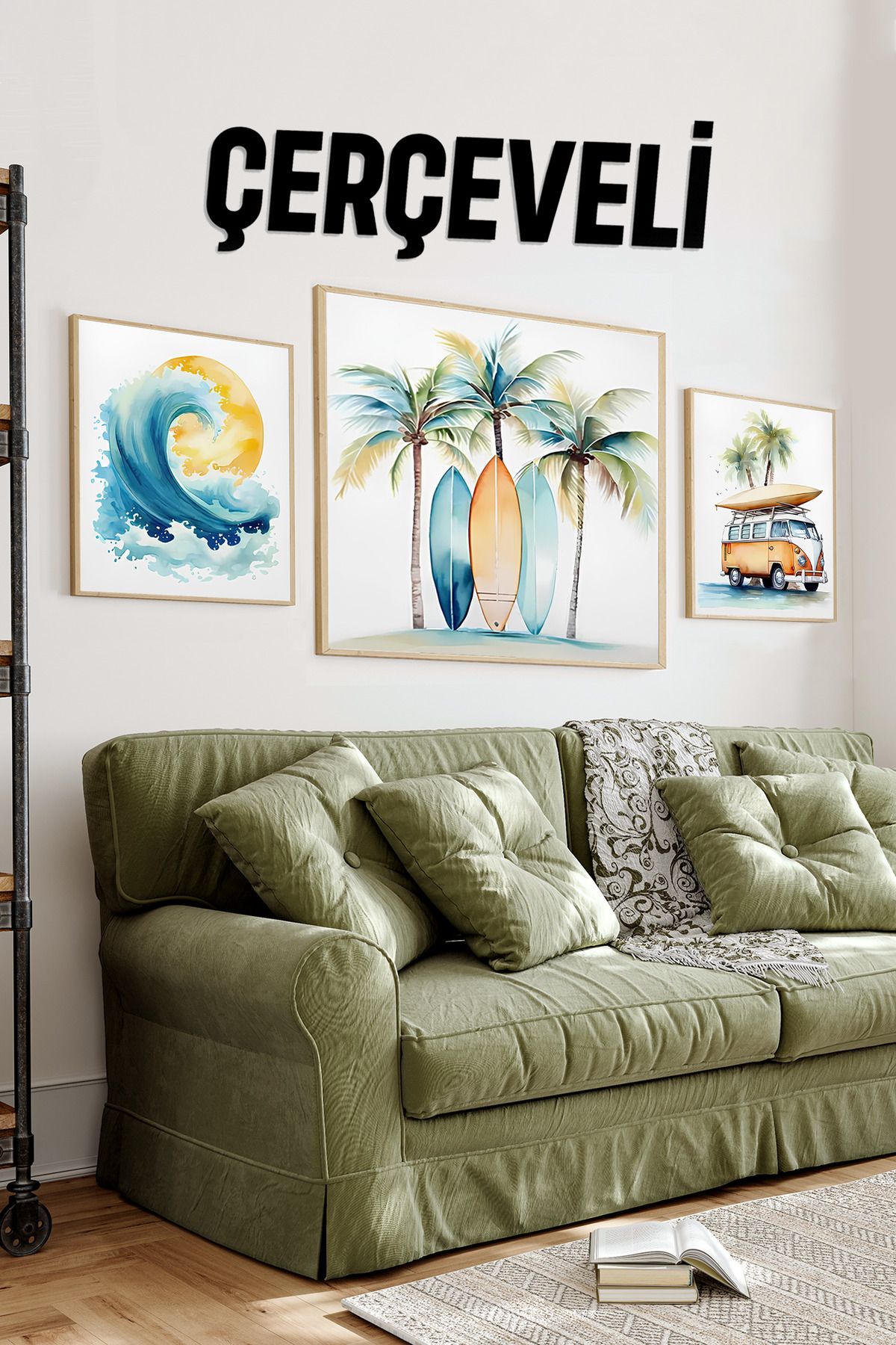 kutuTR 🏄‍♀️ Tropik & Sörf – Dalga – Karavan Temalı 3’lü MDF Ahşap Tablo Seti (23x23 cm & 42x42 cm) 4242121