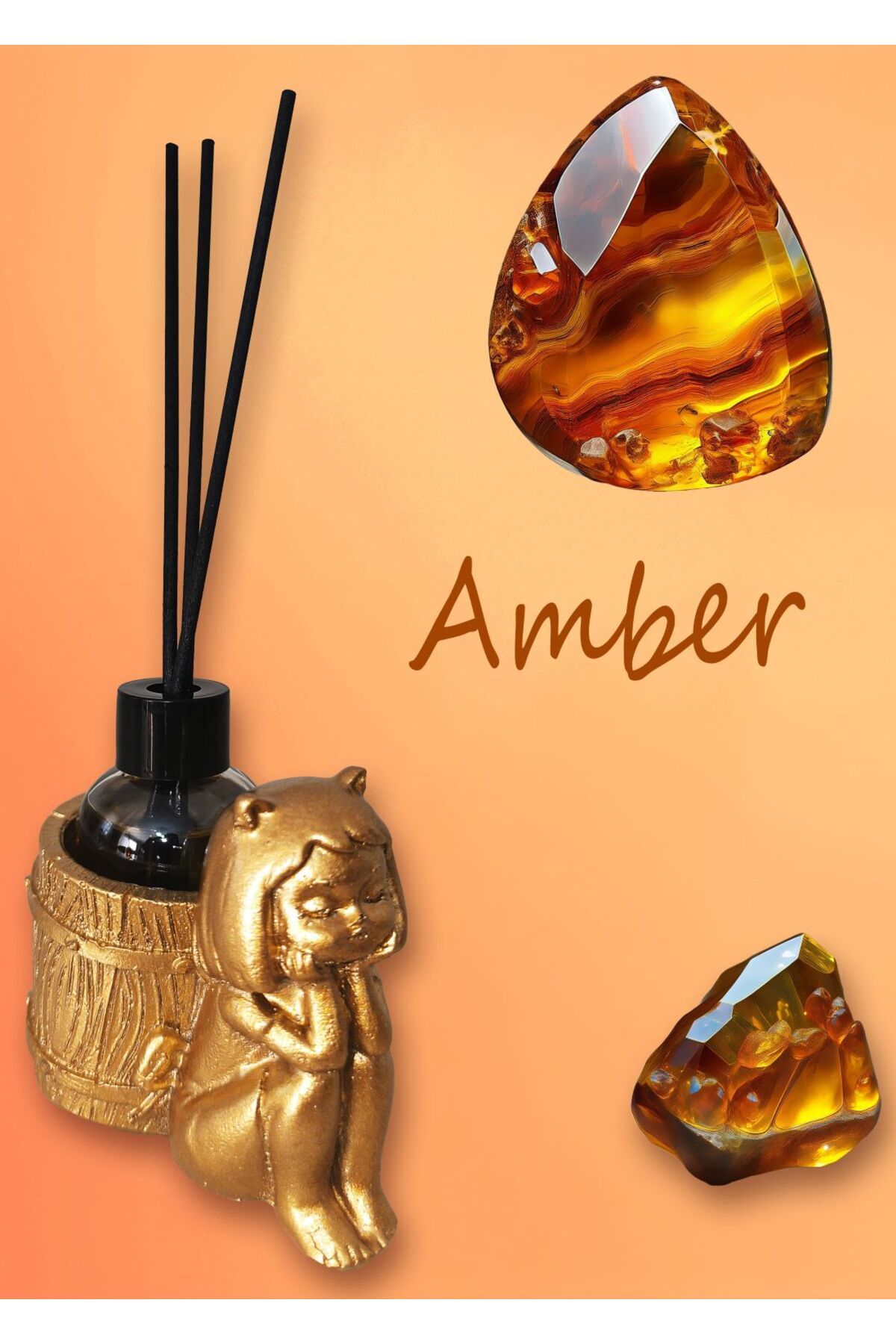 Al Ver Gülüm Amber Esanslı Oda Kokusu-Çubuklu Cam Şişe 50ml -Kedi Kız Figürlü Biblo Tasarım
