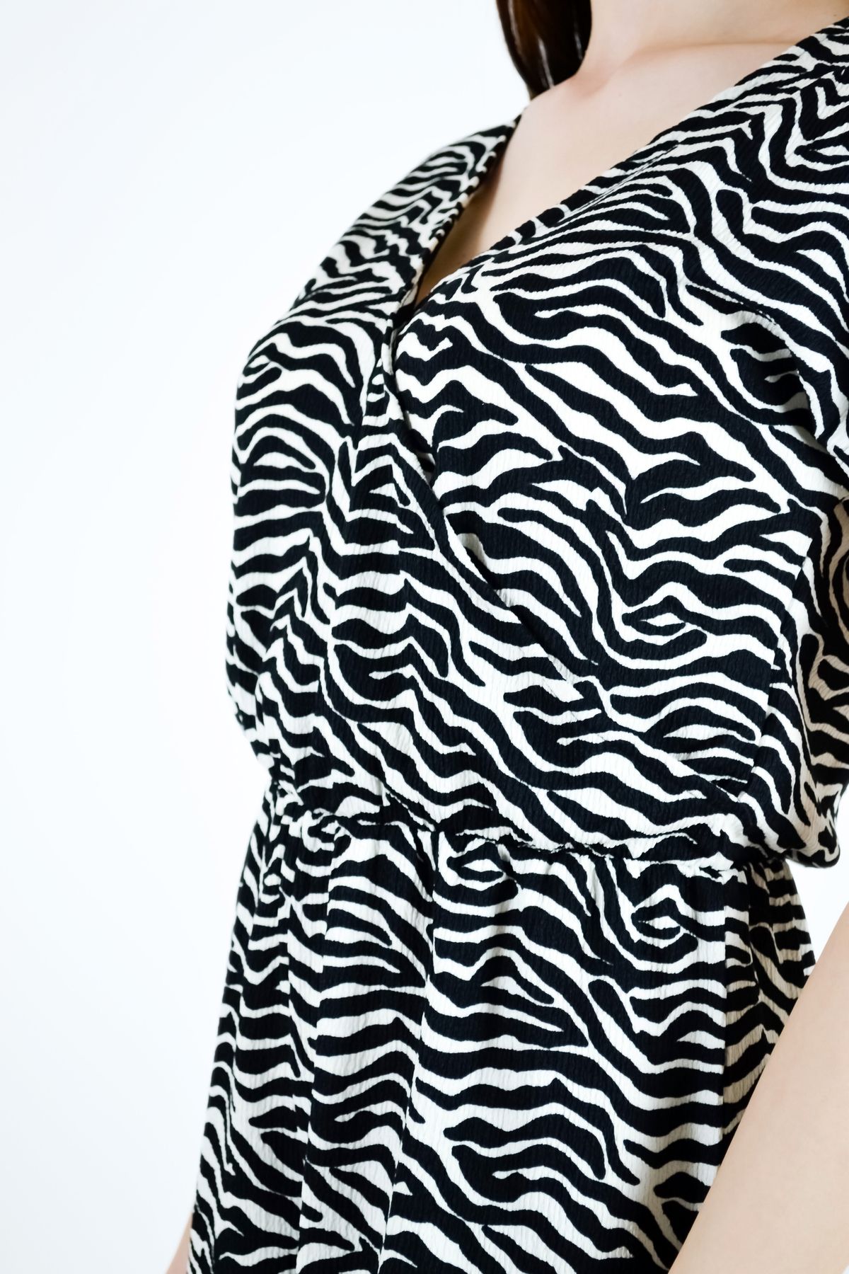 BUSEM-Zebra Patterned Short Jumpsuit with Elastic Waist Ecru Black 3