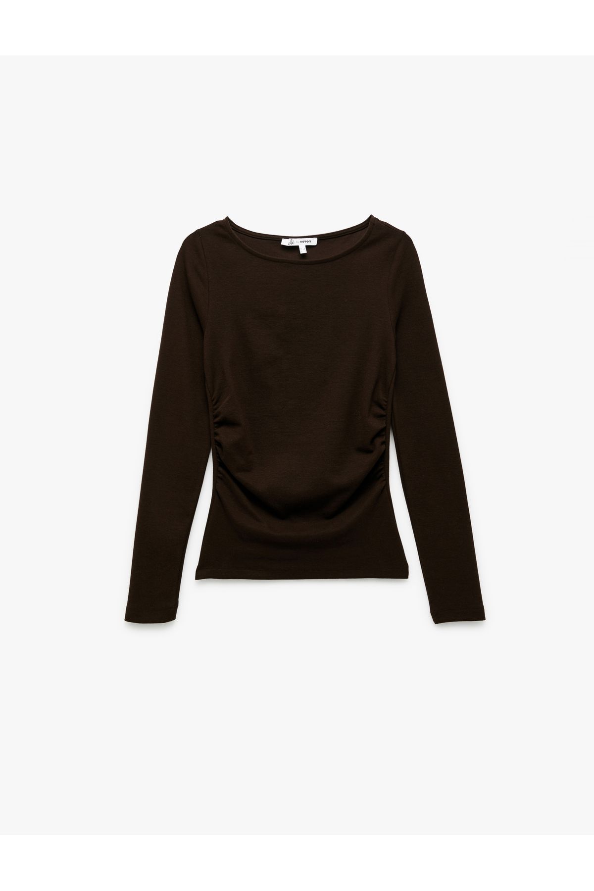 Koton Pamuklu Slim Fit Kayık Yaka Drapeli Uzun Kollu Tişört