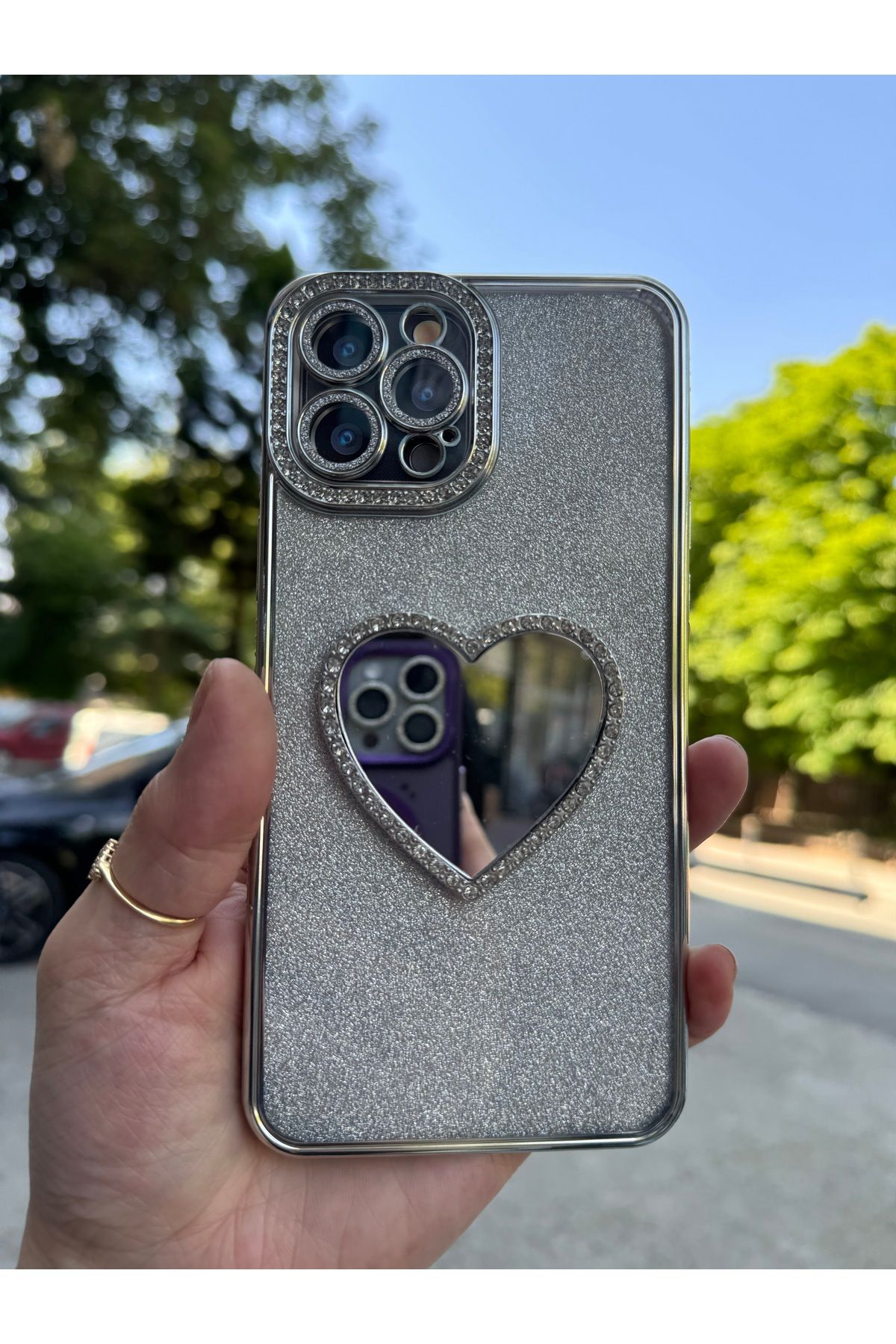 DÜNYA AKSESUAR iPhone 12 pro max tam koruma aynalı taşlı çıkabilir simli silikon silikon