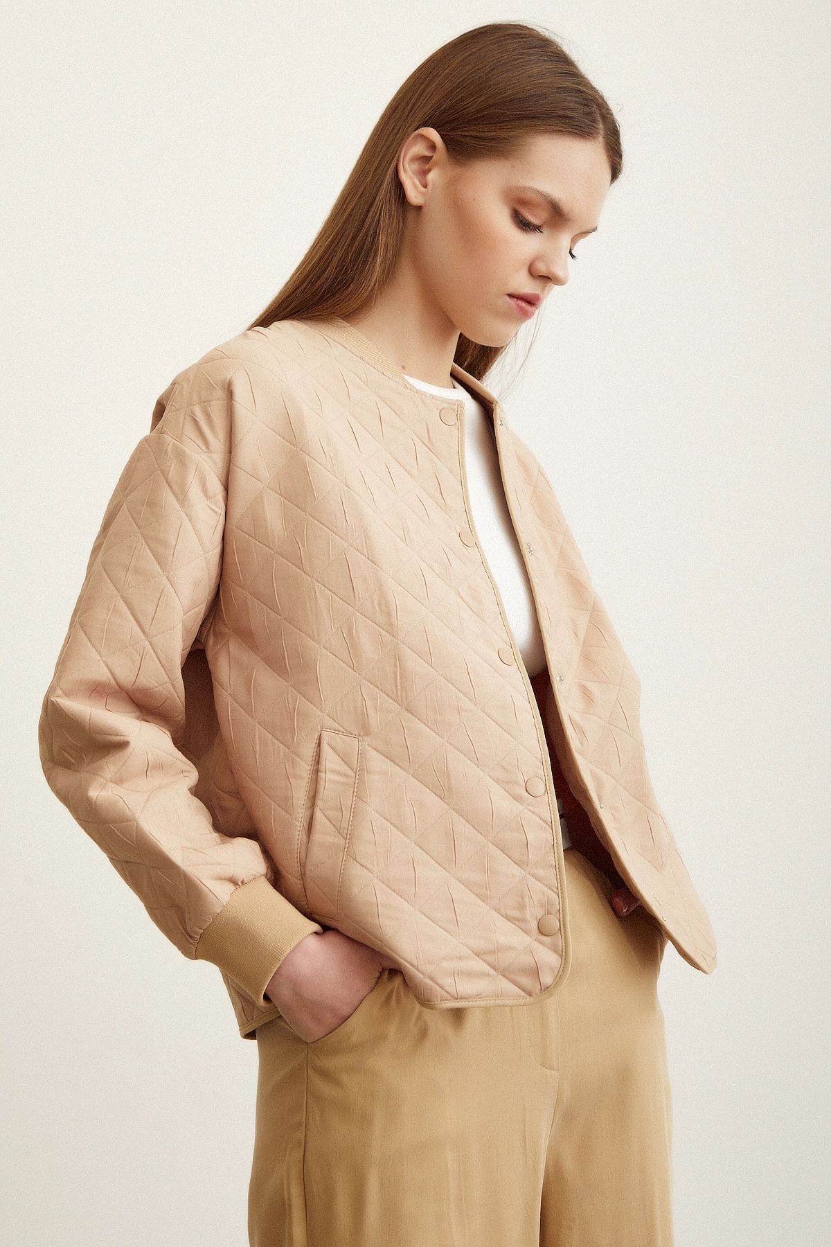 TRENDQUEL Bomber Kapitone Ceket Bej
