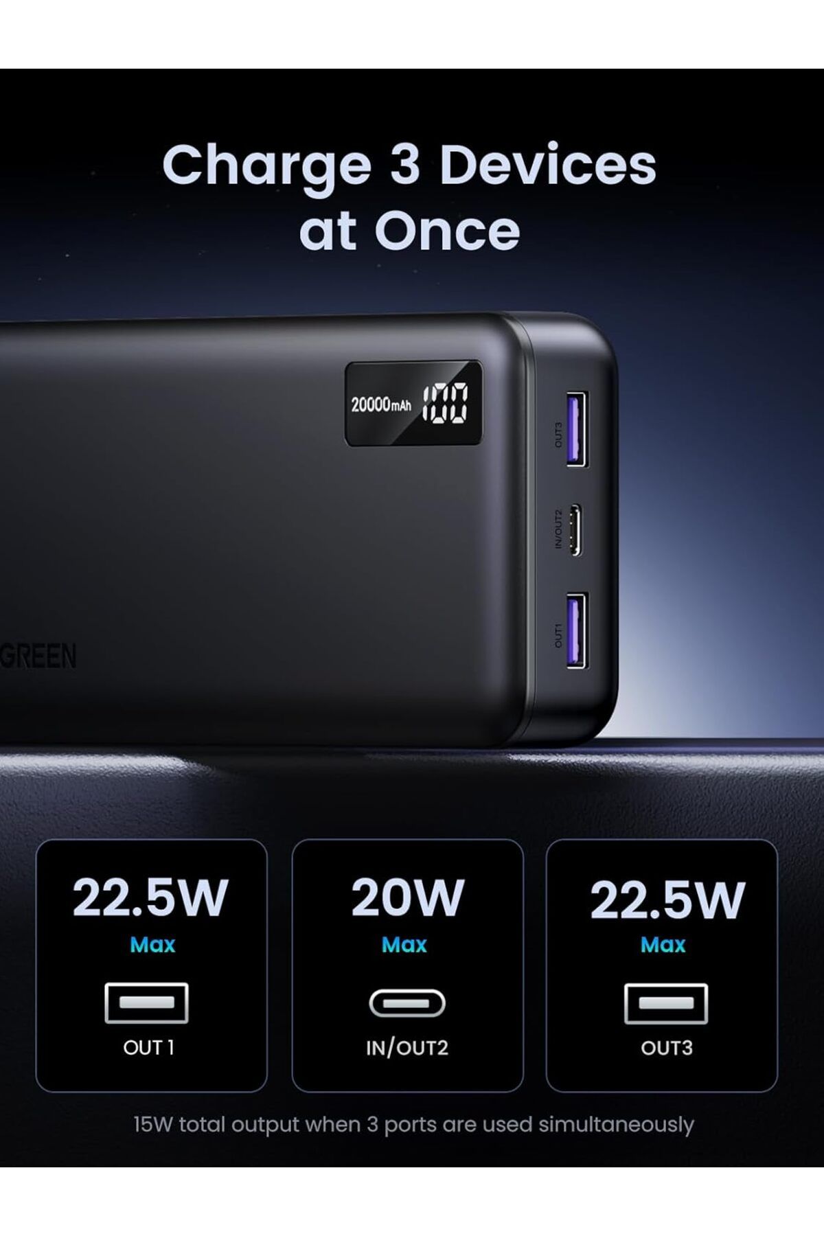 Ugreen-Power Bank 20000mAh, 22.5W Portable Charger Fast Charging PD 3.0 USB C Input & Output Battery 5