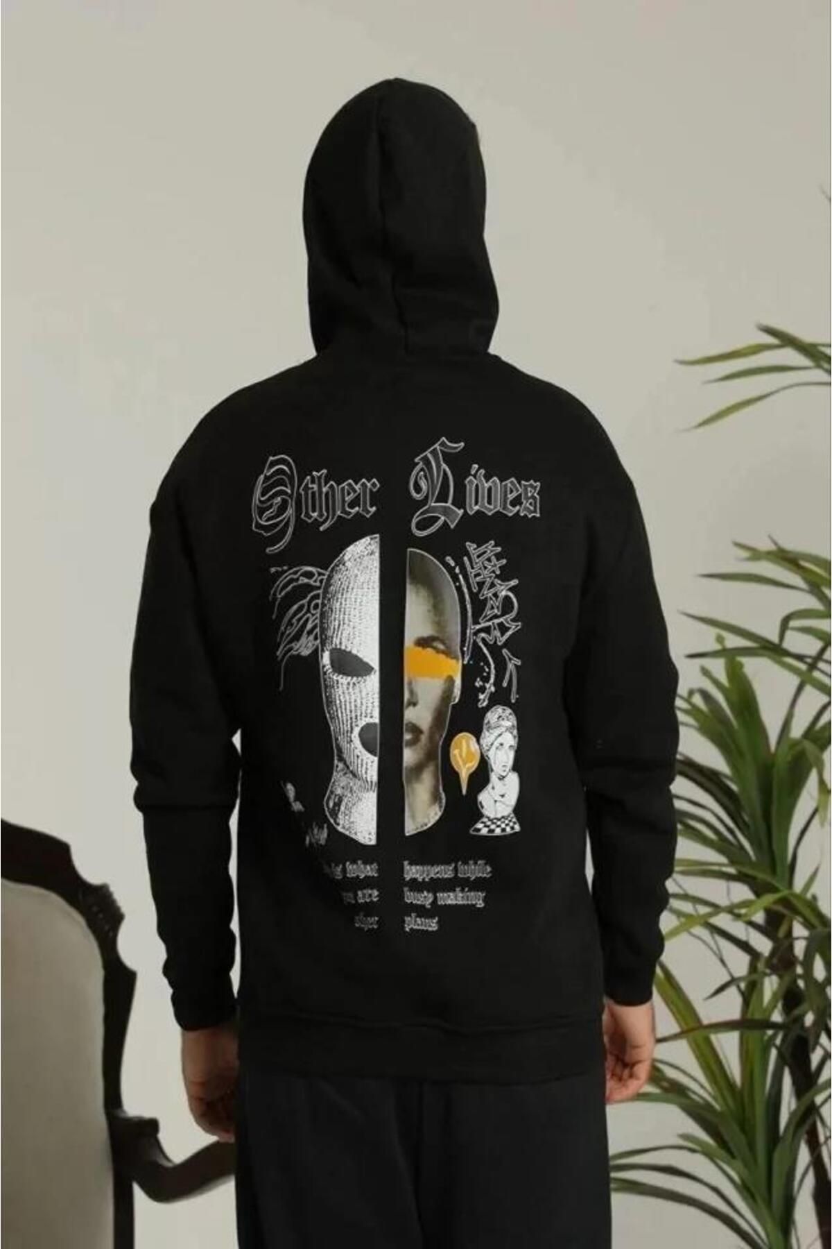 modamtn Erkek Sırt Baskılı Oversize Üç İplik Kapüşonlu Sweatshirt - Siyah
