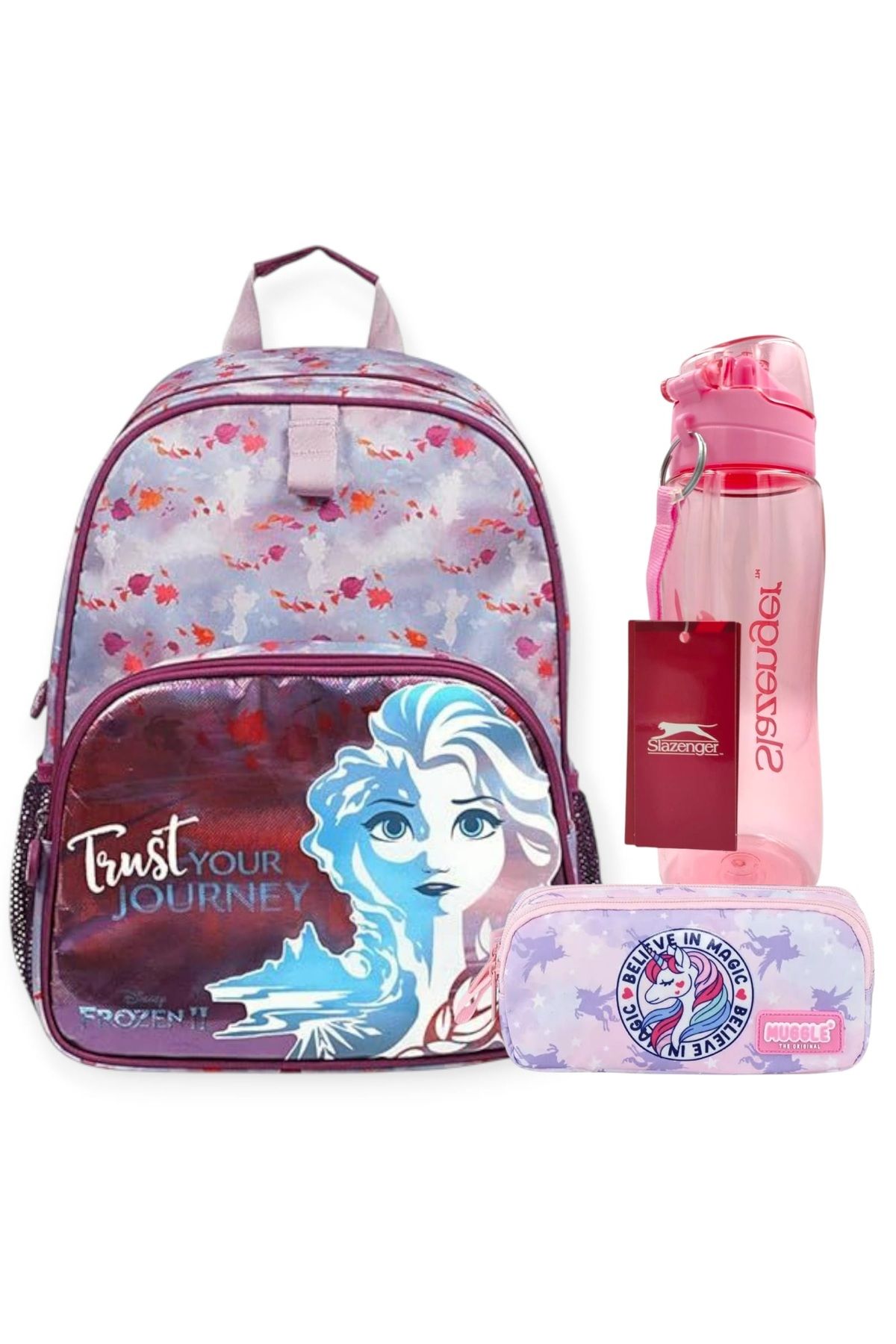 Disney Frozen Lisanslı Okul Çantası , Çift Gözlü Kalem Çantası - Lisanslı Suluk Matara Hediye