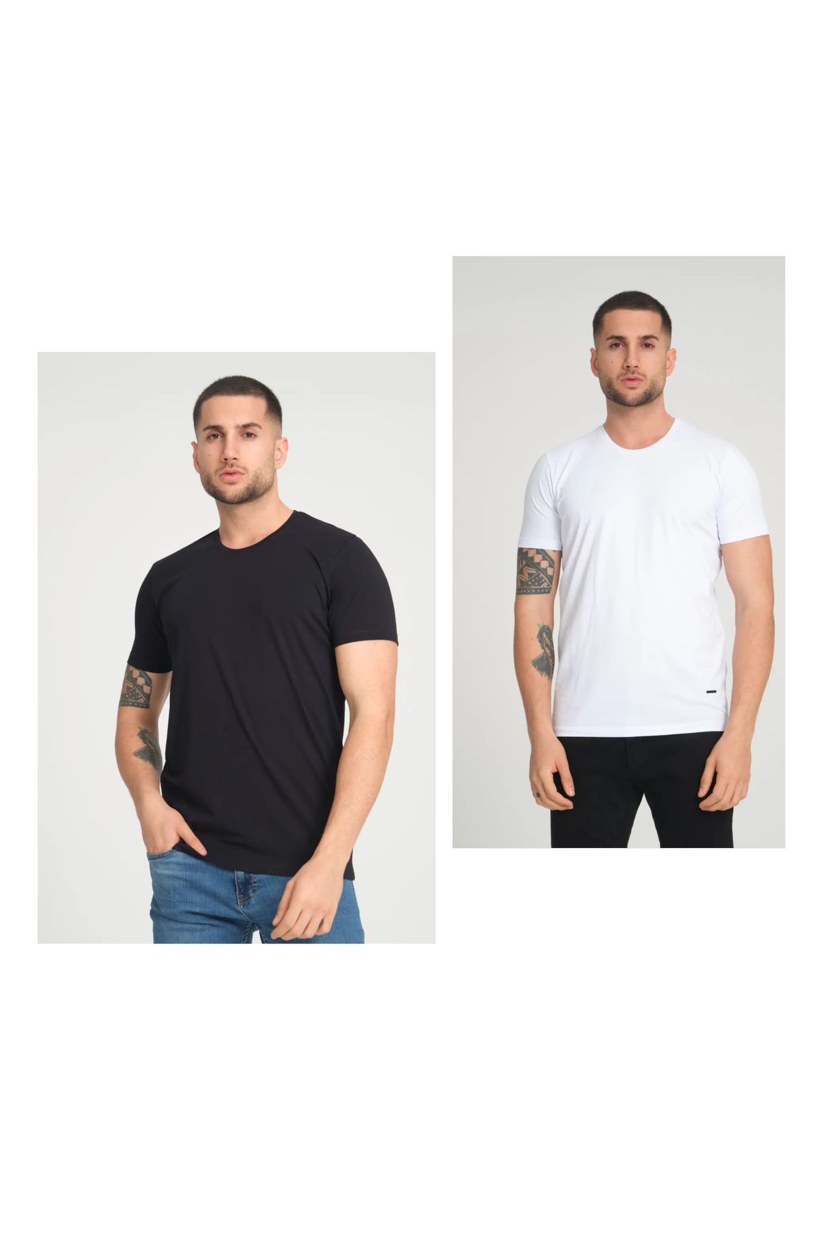 Fabregas 2'li Siyah ve Beyaz Slim Fit Bisiklet Yaka T-shirt