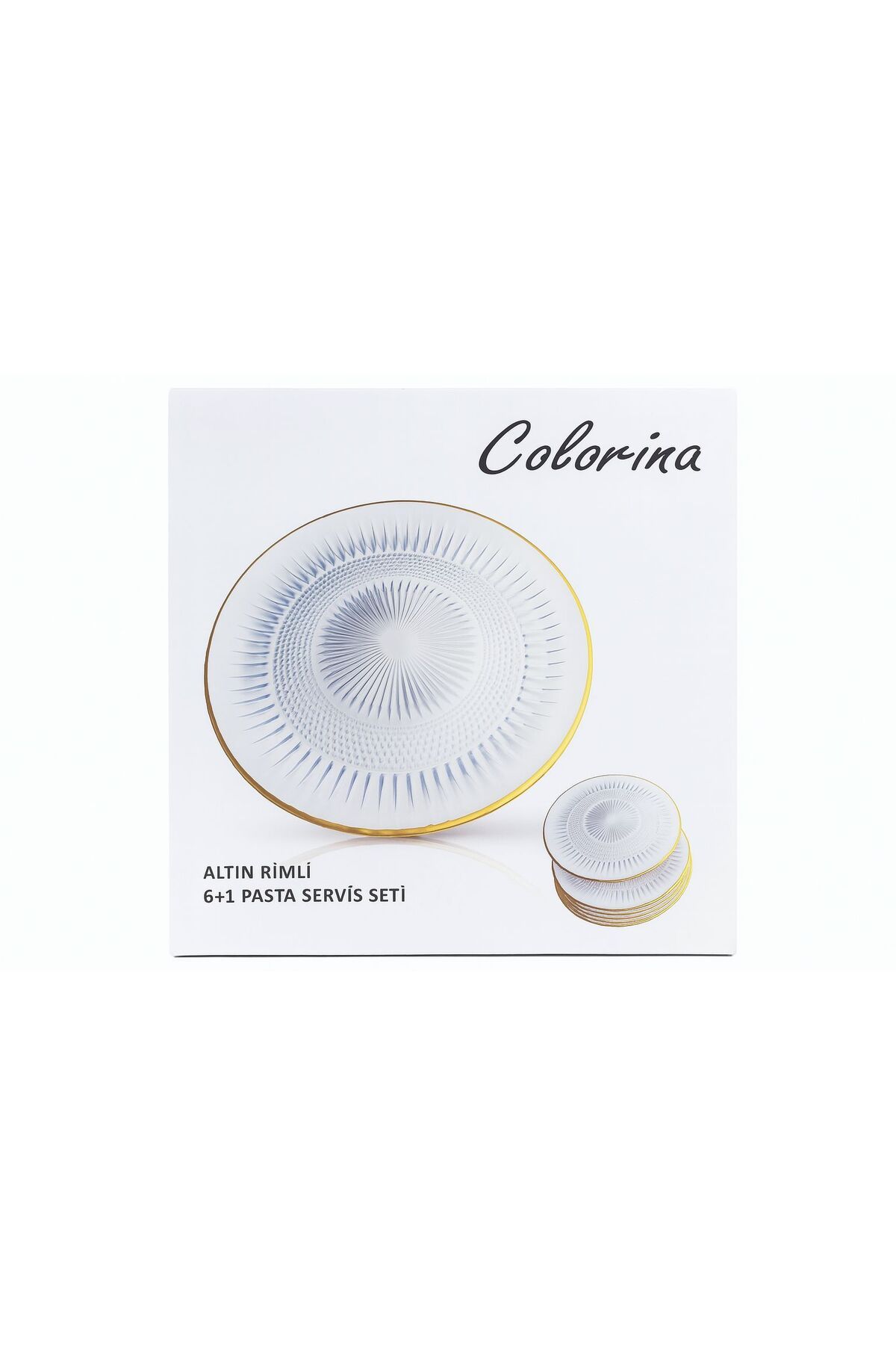 ela777 7' Li Cam Kek Pasta Tabağı Seti - Yaldızlı Lüks Pasta Takımı 6 tane 19 Cm 1 tane 28 cm