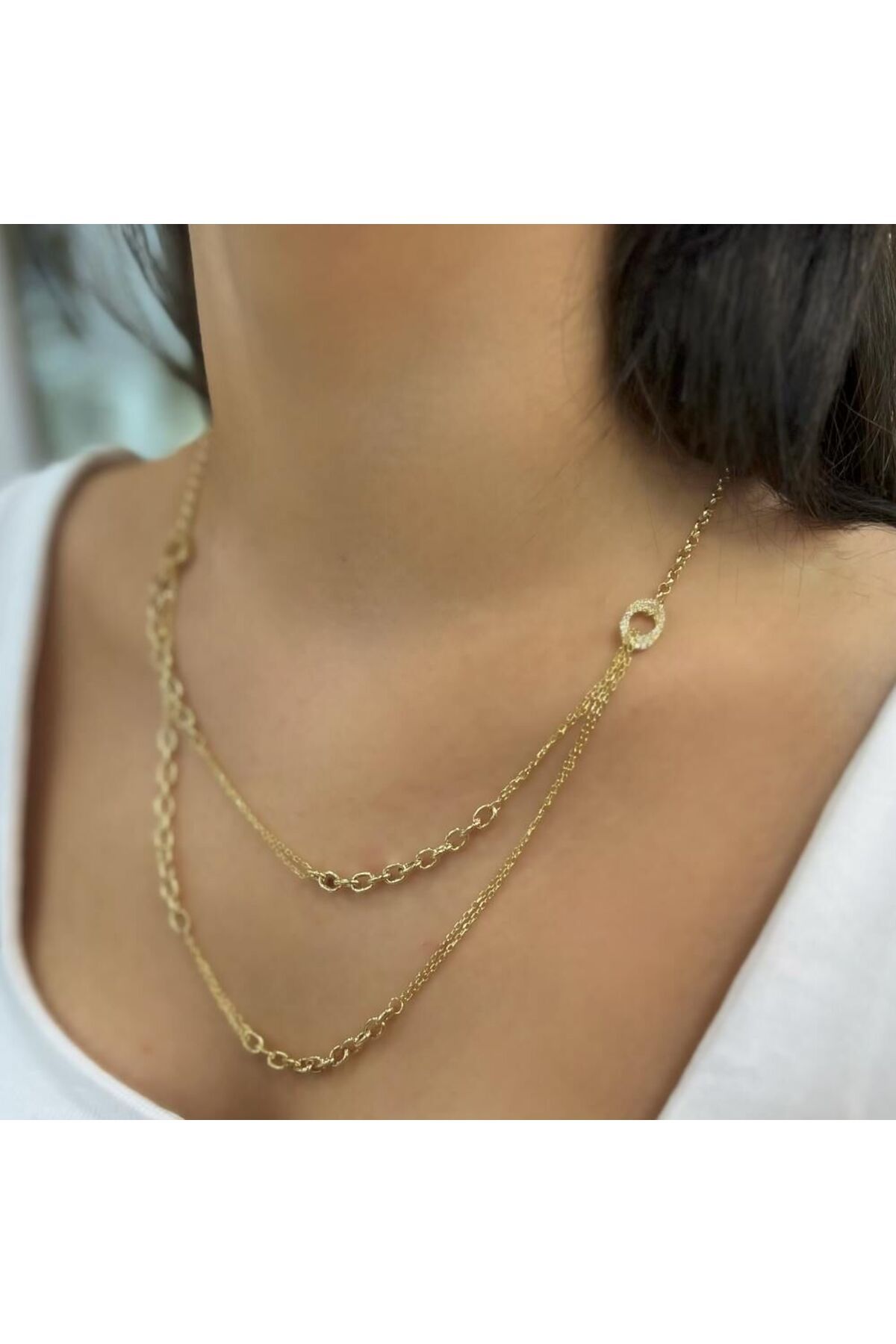 byBurak GOLD Taşlı Halka Zincir Kolye – KLY1011