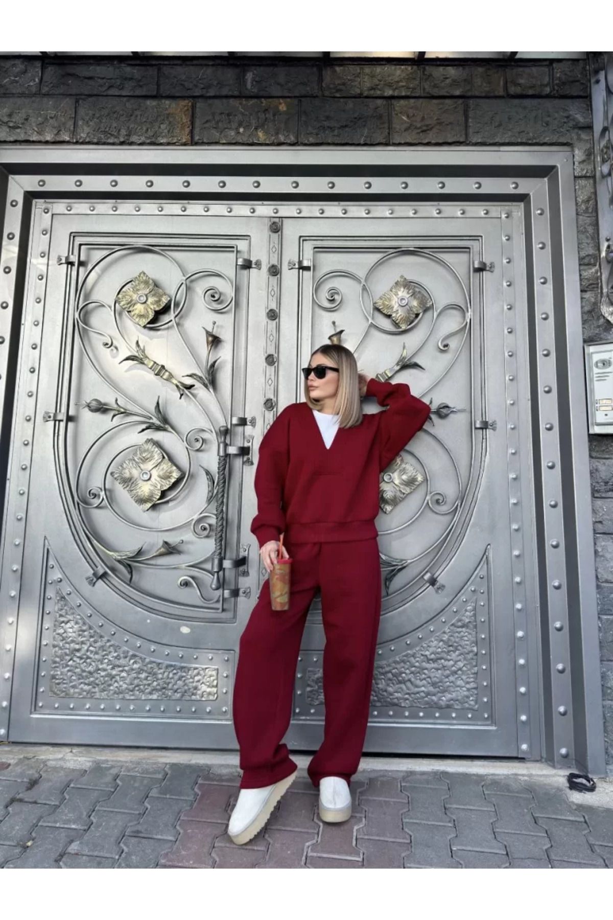 ruum fashions Geniş V Yaka Üç İplik Sweat Takım