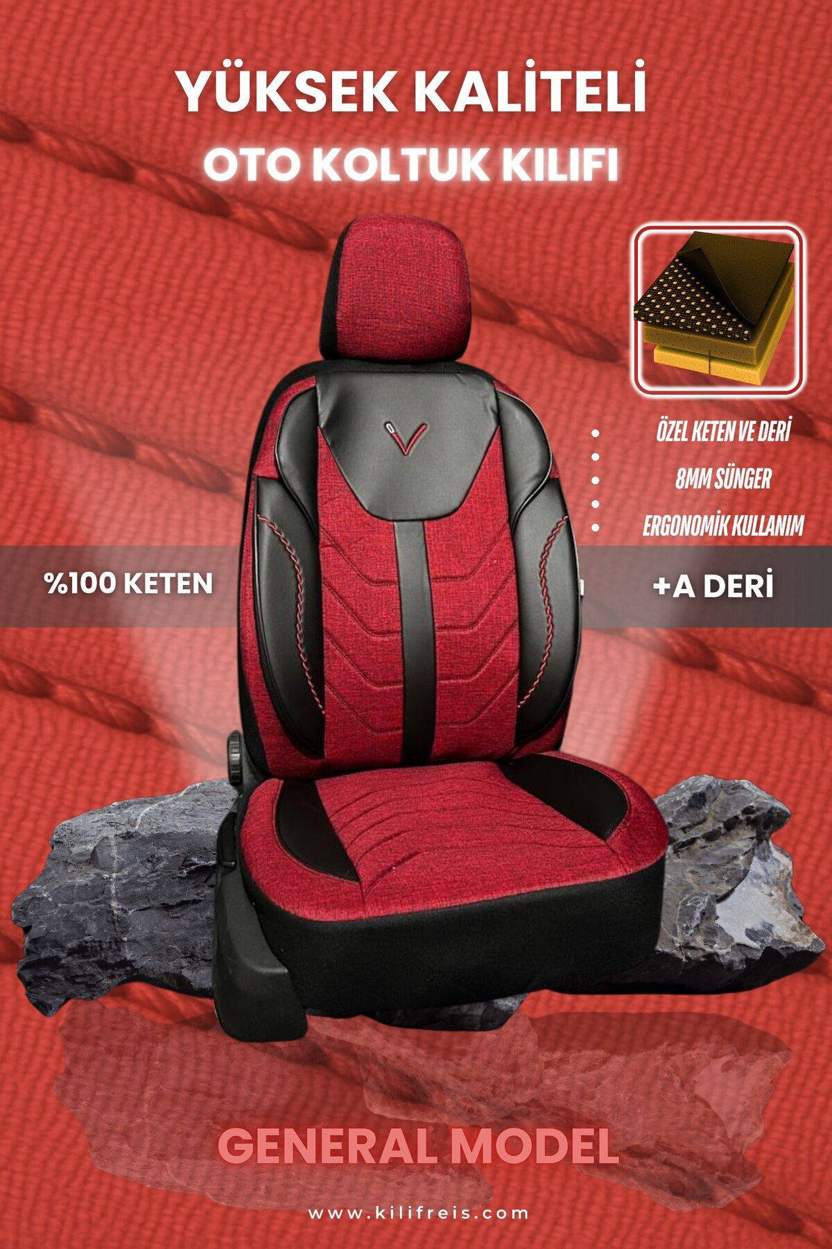 KILIFREİS GENERAL SERİSİ - KIRMIZI RENK KOLTUK KILIFI & Ön Arka 5 Koltuk Tam Set