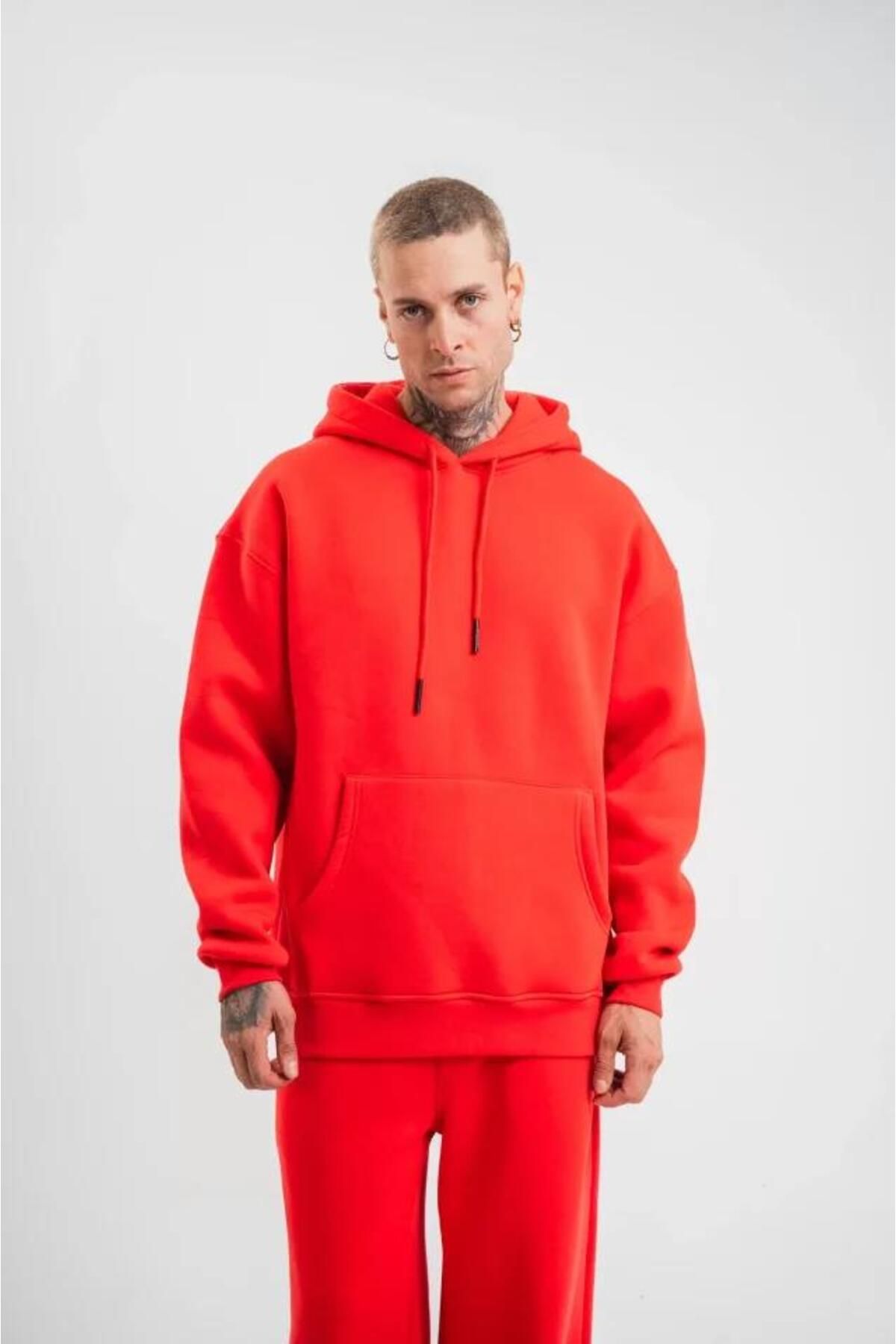 modamtn Unisex Double Oversize Kapşonlu Basic SweatShirt - Kırmızı