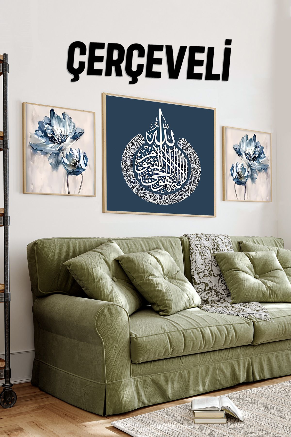 kutuTR 🕌 Hat Sanatı ve Mavi Çiçekli 3’lü İslami Tablo Seti – (23x23 cm & 42x42 cm) 4242124