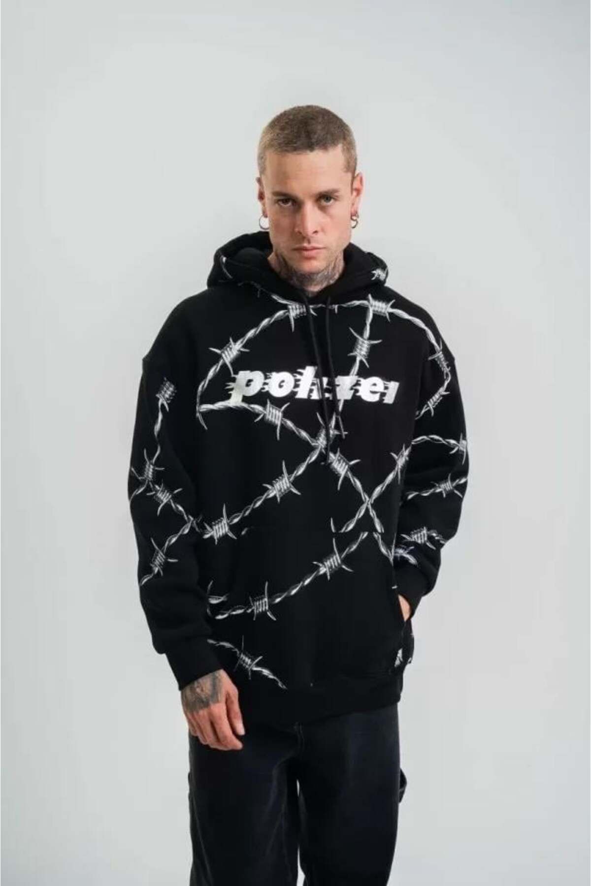modamtn POLIZEI Premium Kalite Kapşonlu Varak Ve Pano Baskılı SweatShirt - Siyah