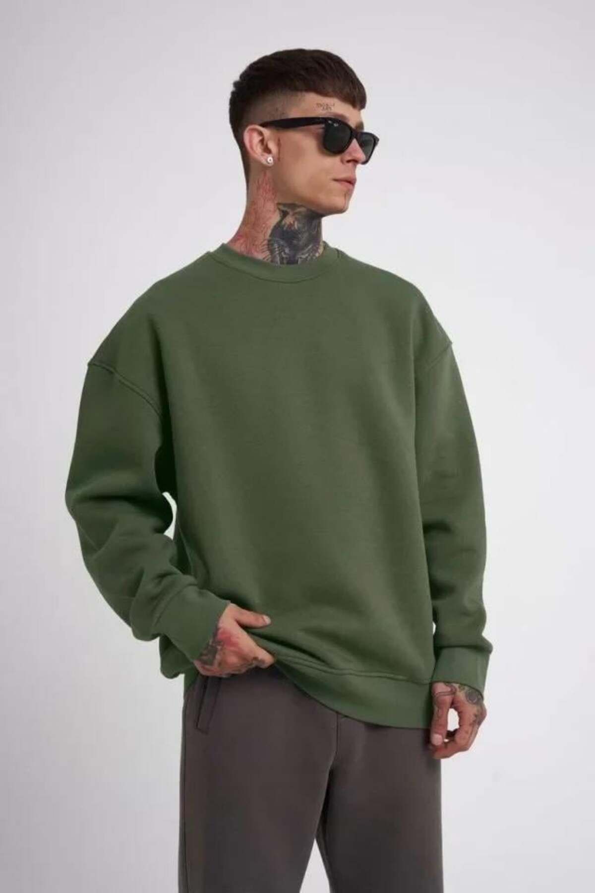 modamtn Unisex Biskilet Yaka Üç İplik SweatShirt - Haki