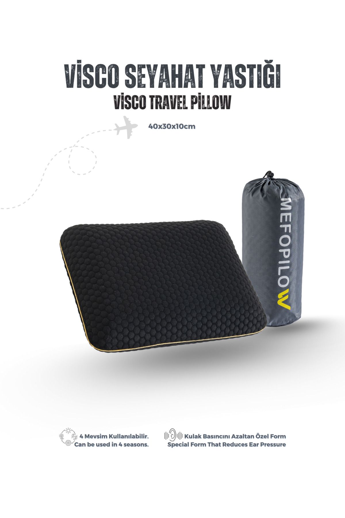 MEFOPILOW Seyahat Visco Uyku Yastığı, Konforlu Kamp Yastığı, Taşıma çantalı, Travel Pillow, 40x30x10 cm, Beyaz