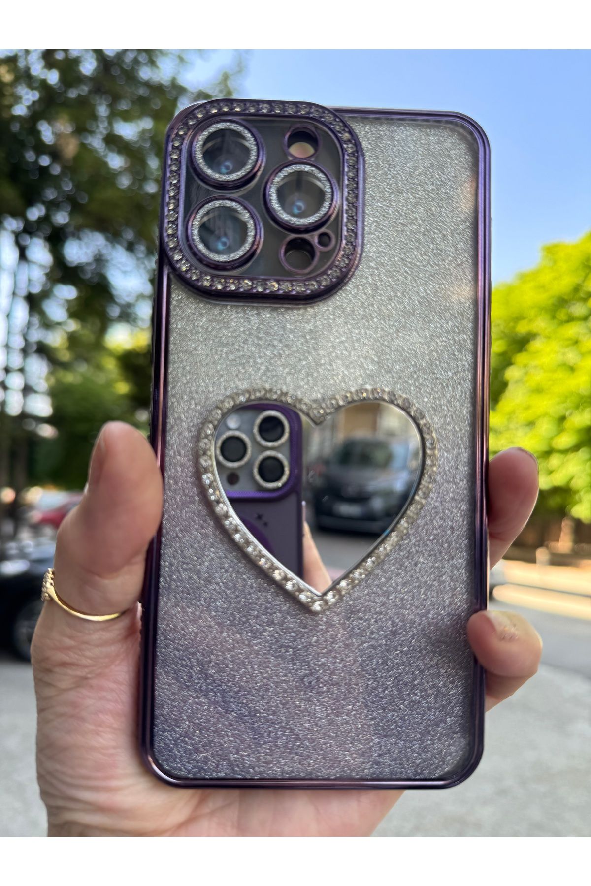 DÜNYA AKSESUAR iPhone 13 pro max tam koruma aynalı taşlı çıkabilir simli silikon silikon