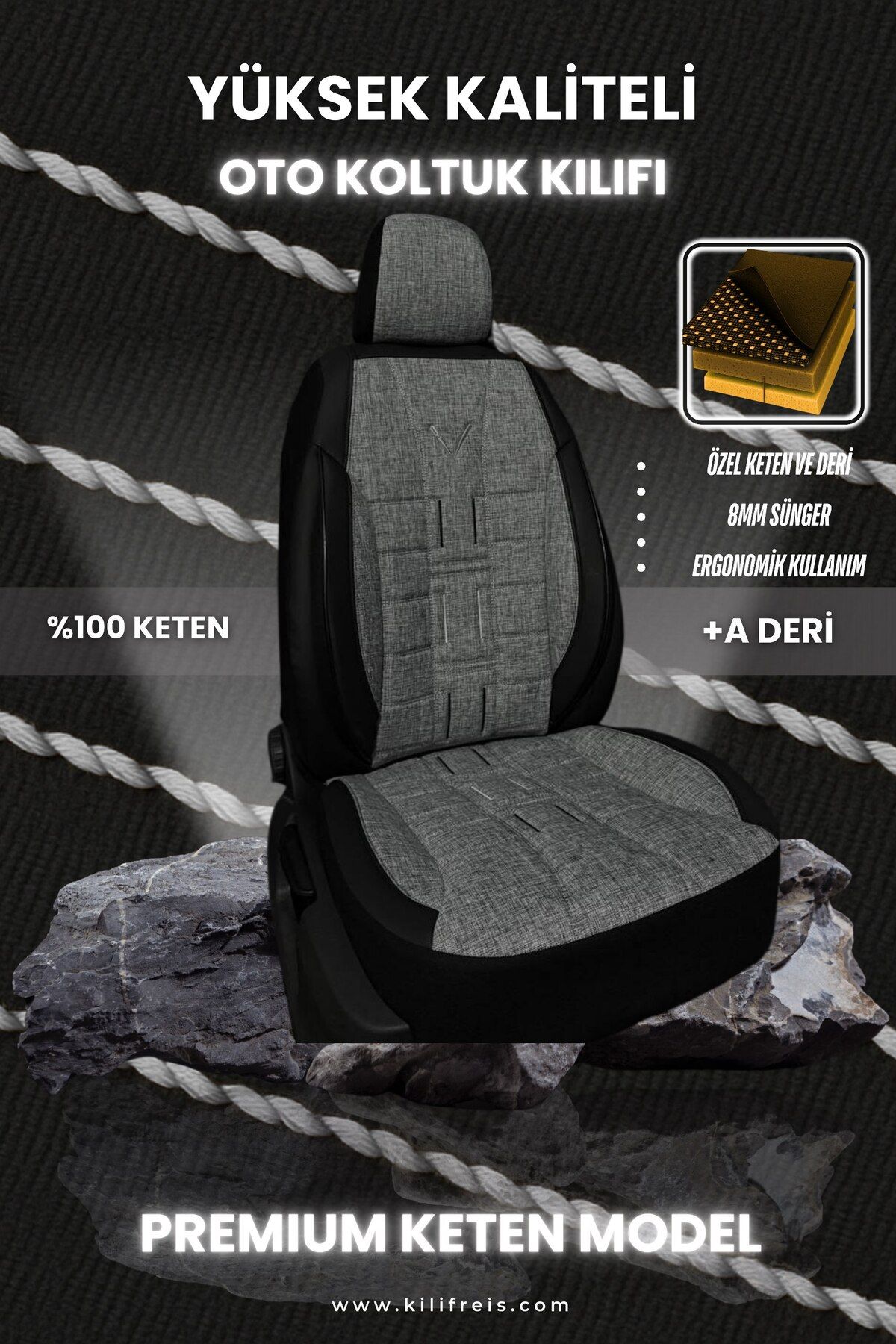 KILIFREİS PREMIUM SERİSİ - GRİ KETEN VE DERİ KOLTUK KILIFI & Ön Arka 5 Koltuk Tam Set