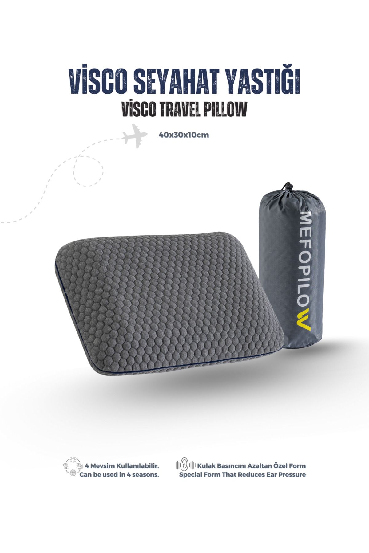MEFOPILOW Seyahat Visco Uyku Yastığı, Konforlu Kamp Yastığı, Taşıma çantalı, Travel Pillow, 40x30x10 cm, Beyaz
