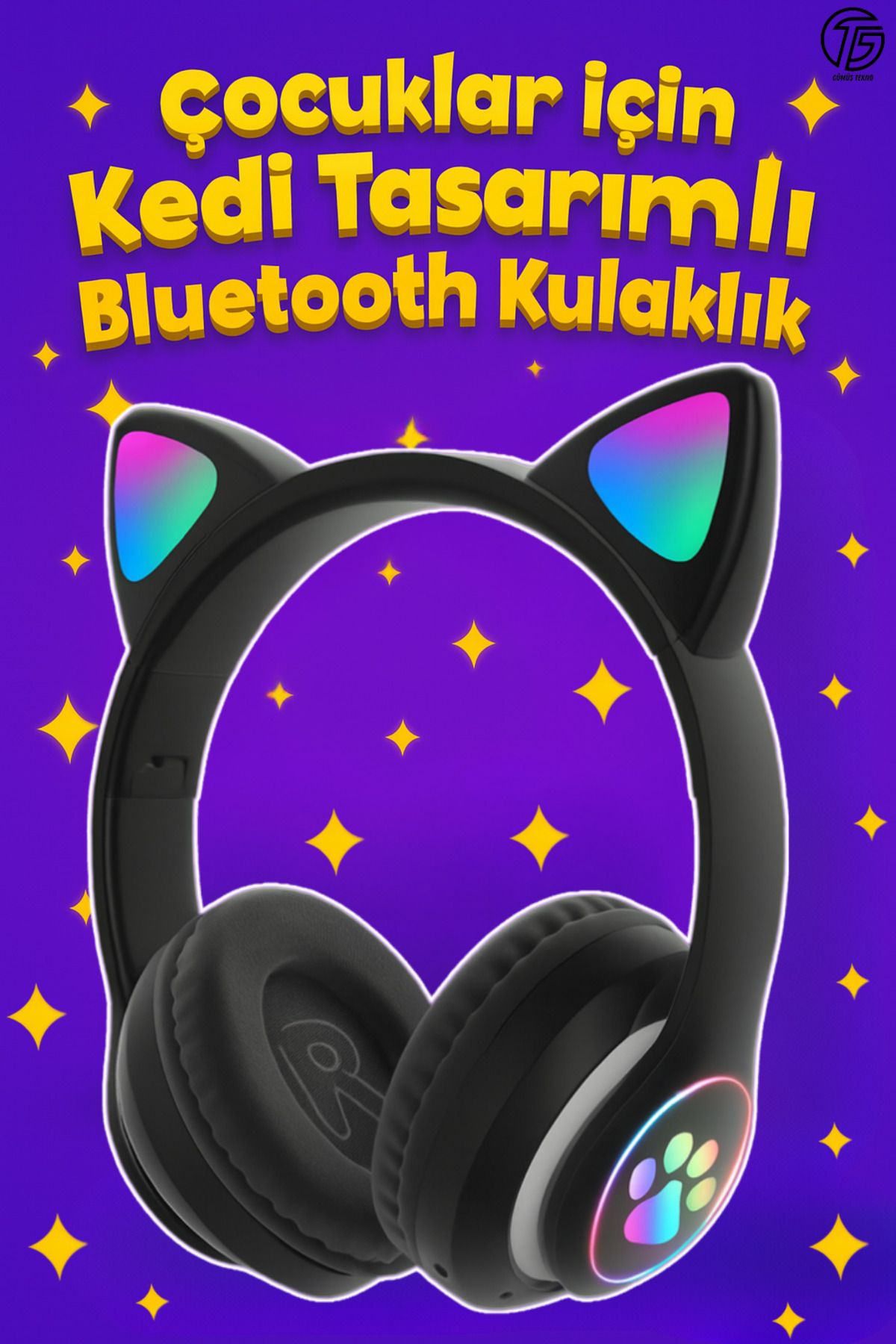 GÜMÜŞTEKNO RGB Işıklı Kedi Kulaklı Bluetooth Kulaklık Kablosuz Mikrofonlu Ayarlanabilir Çocuklar için Hediyelik