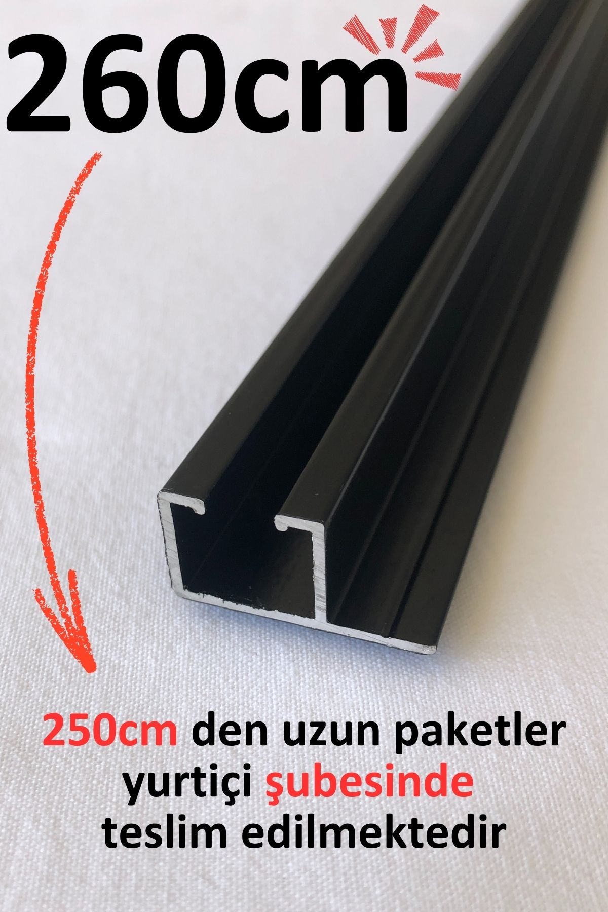 İzen Tek Kanallı Yan Çıtalı 260cm Siyah Alüminyum Perde Rayı (25mm) Tekli Korniş