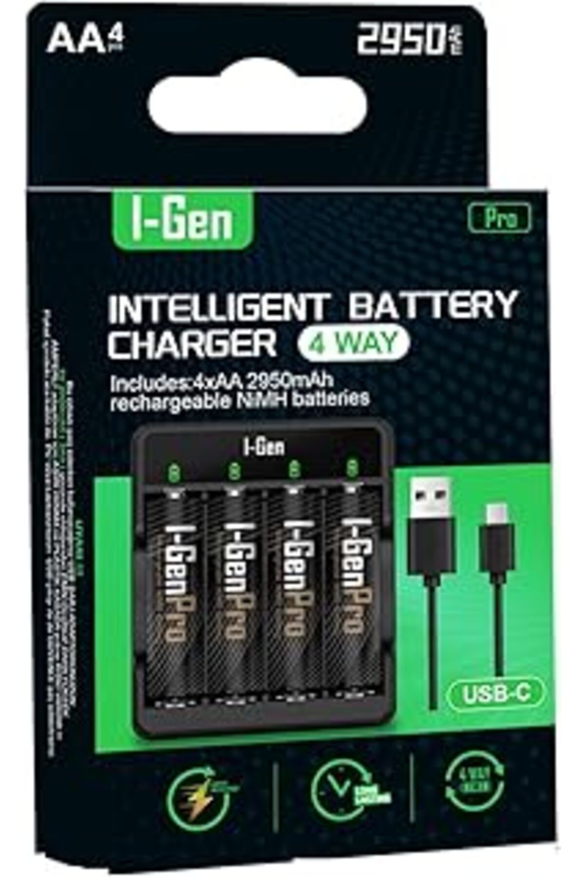 TBSProjects I-Gen G429 4'Lü Pil Şarj Aleti + 4 Adet Aa Pro 2950 Mah Şarjlı Kalem Pilli Set