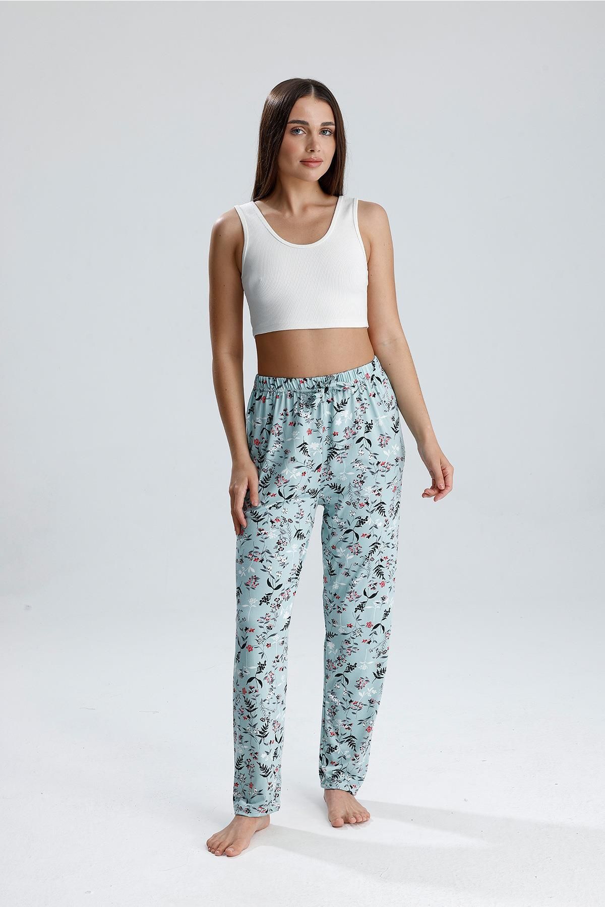 Kompedan Kadın Çiçek Desenli Uzun Pijama Pantolon | Yeşil