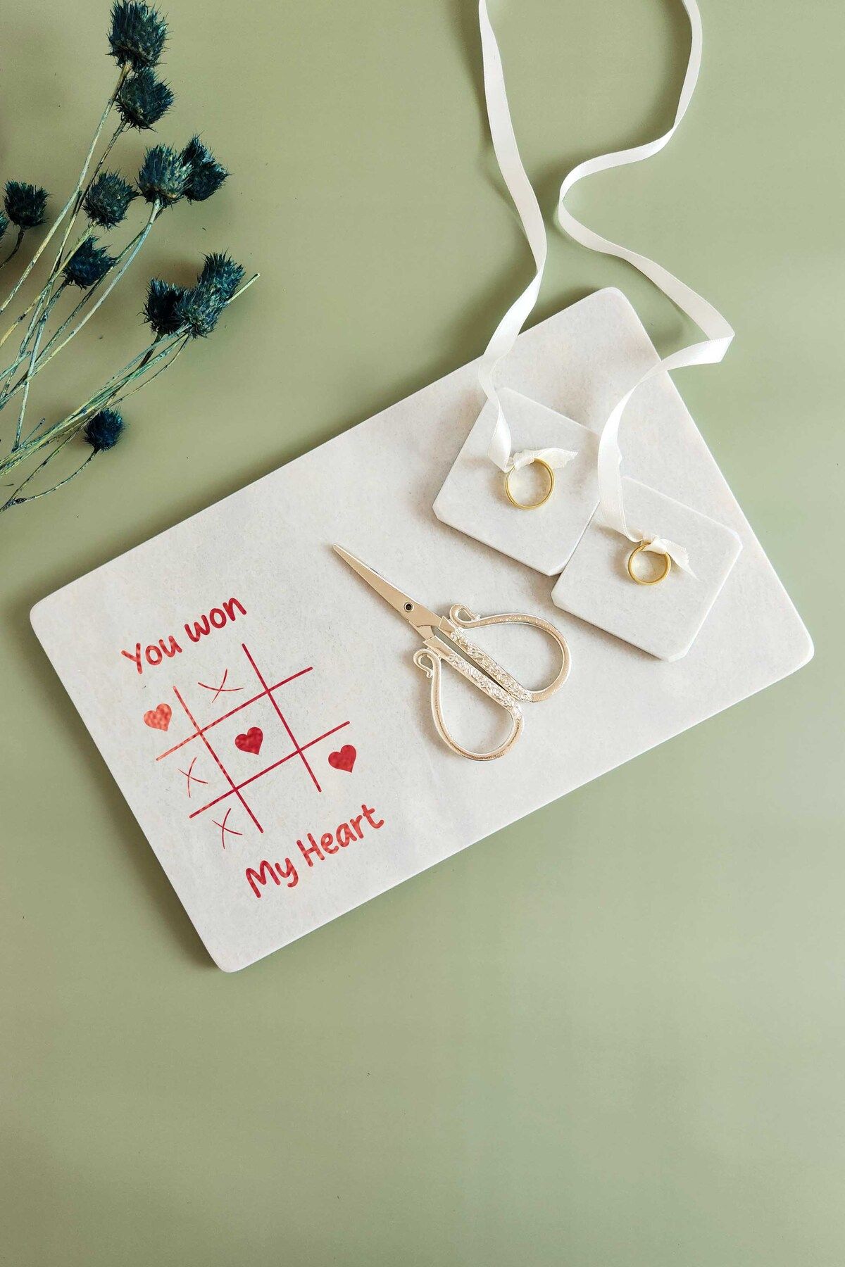 ioadesign You Won My Heart - Gerçek İnce Mermer Söz/nişan Tepsisi (32X20 CM) + Makas + 2 Adet Yüzüklük