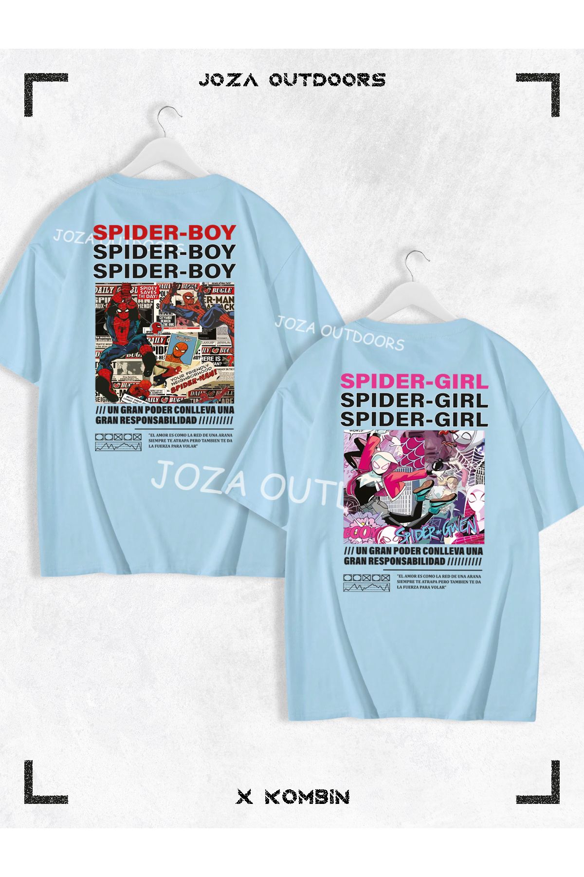 Joza Outdoors Kadın Erkek Spider Boy Spider Girl SIRT Baskılı Sevgili Çift Kombini Oversize Tshirt 2'li Takım