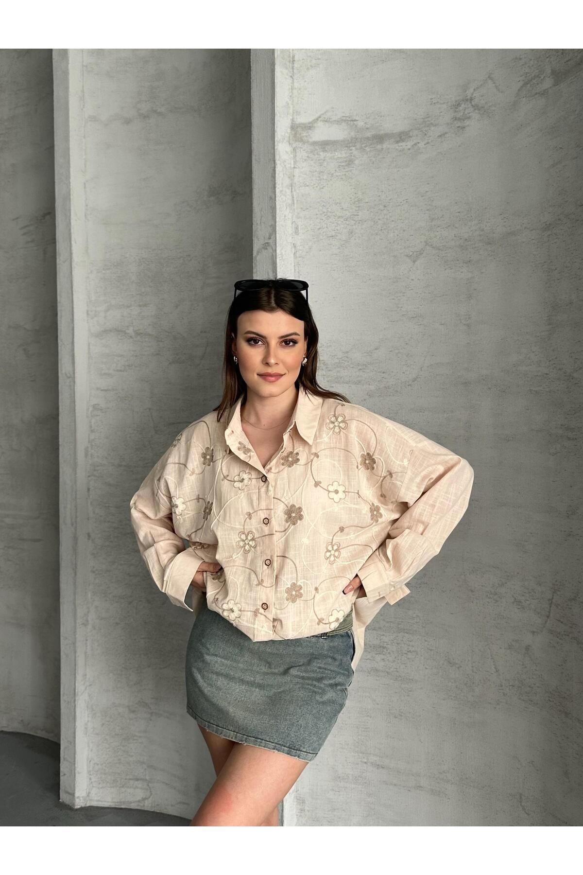 MT CLUB Kadın Çiçek Desenli Oversize Yazlık Gömlek