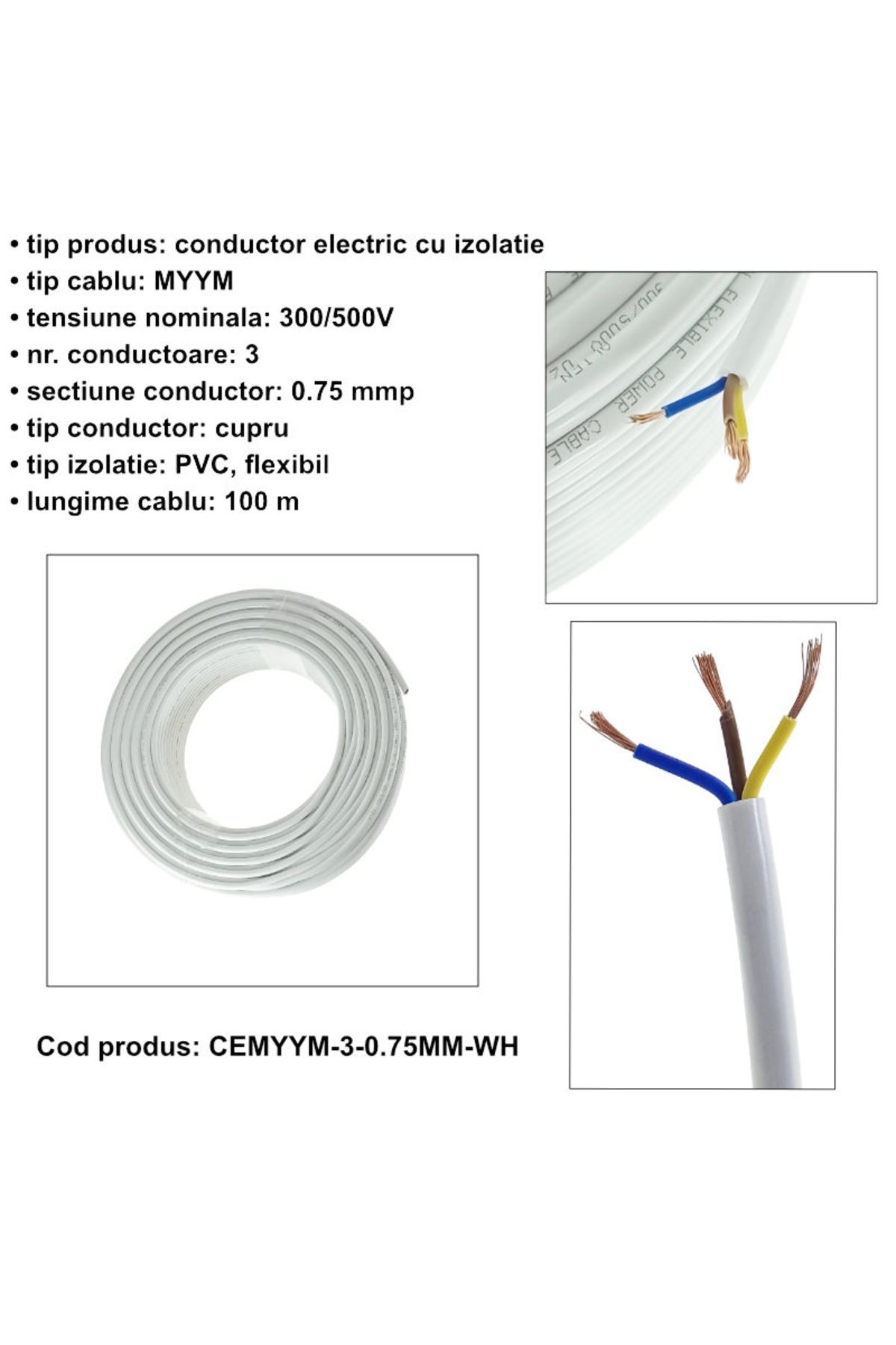 OEM-MYYM electrical cable roll, 3 x 0.75 mmp, copper, 100m, CEMYYM-3-0.75MM-WH, 3C, 300/500V, white 6