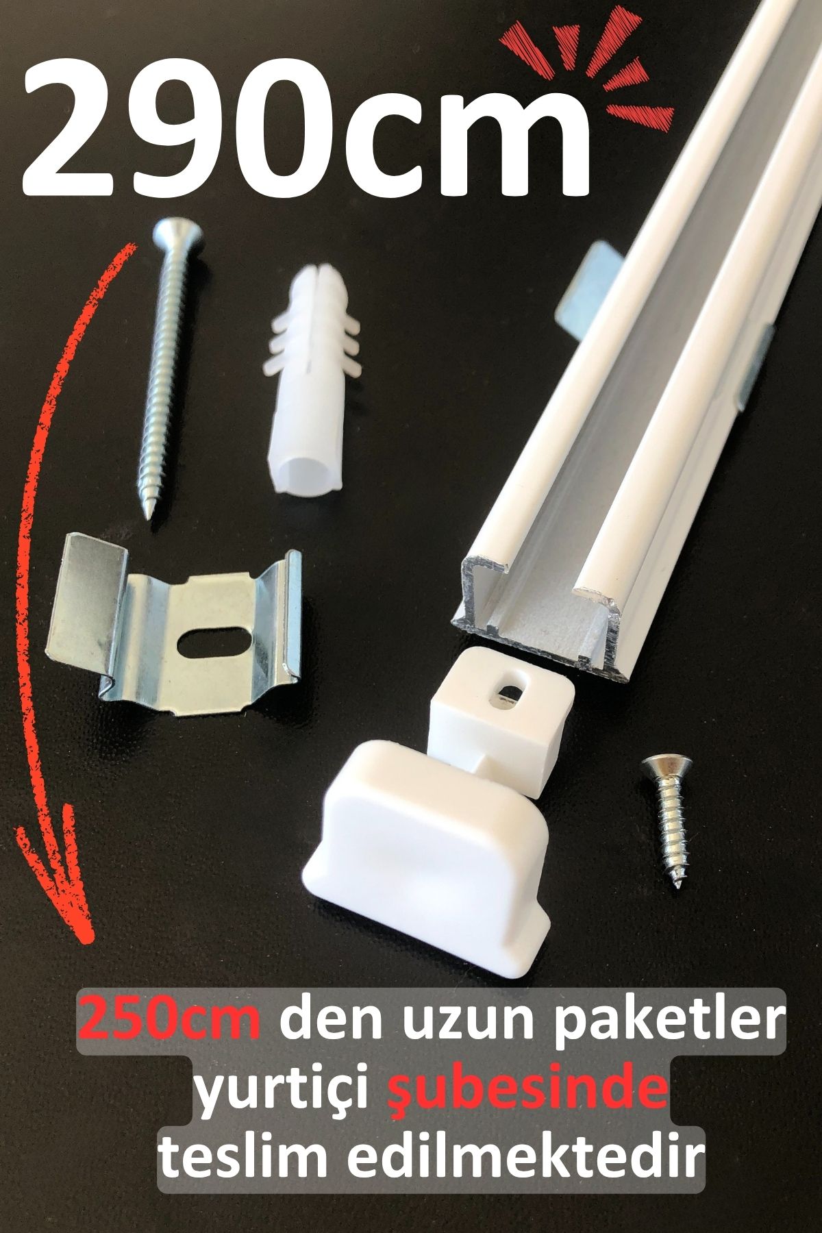 İzen Tek Kanallı 290cm Beyaz Alüminyum Ray (19mm) Tekli Korniş + Metal Portray