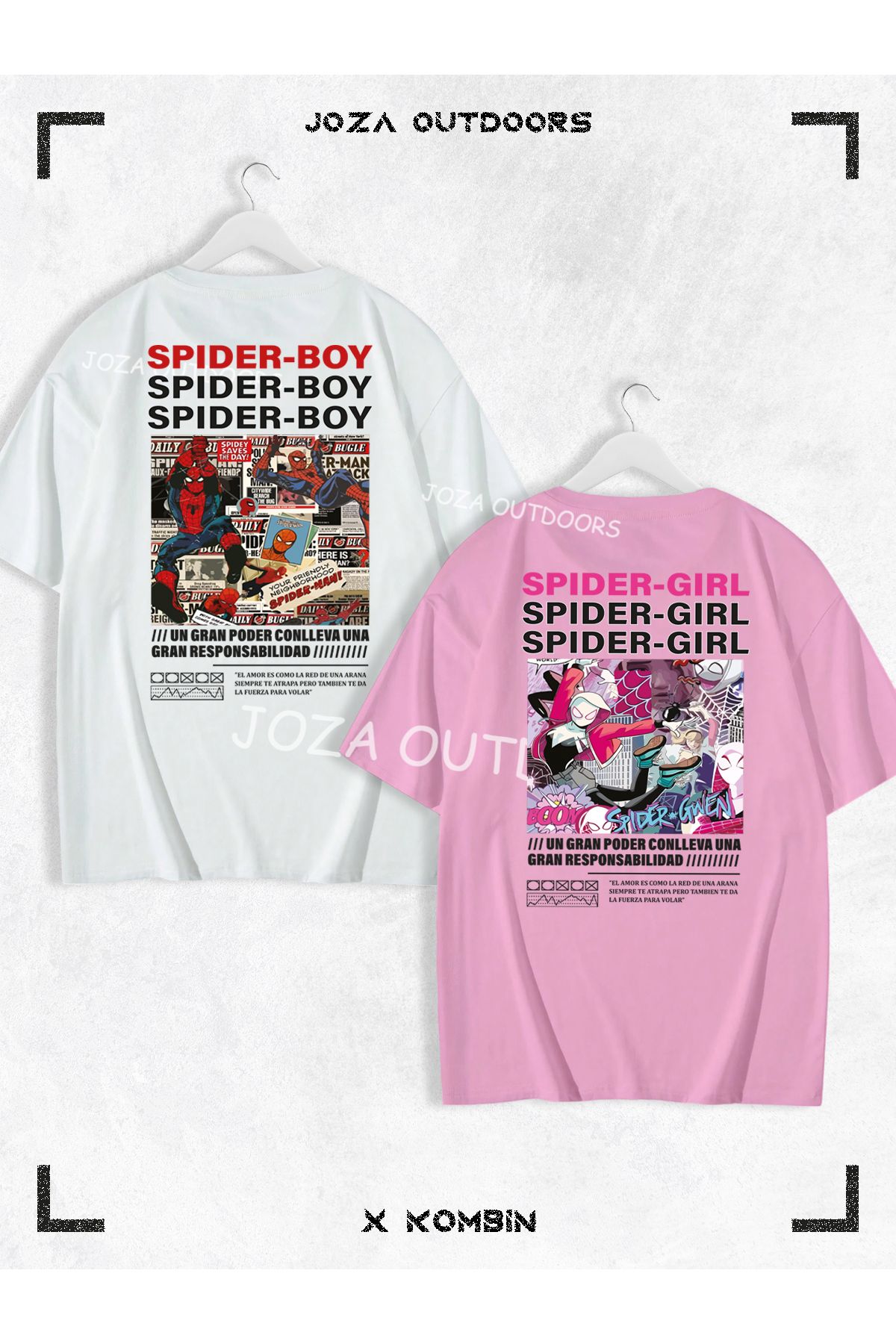 Joza Outdoors Kadın Erkek Spider Boy Spider Girl SIRT Baskılı Sevgili Çift Kombini Oversize Tshirt 2'li Takım